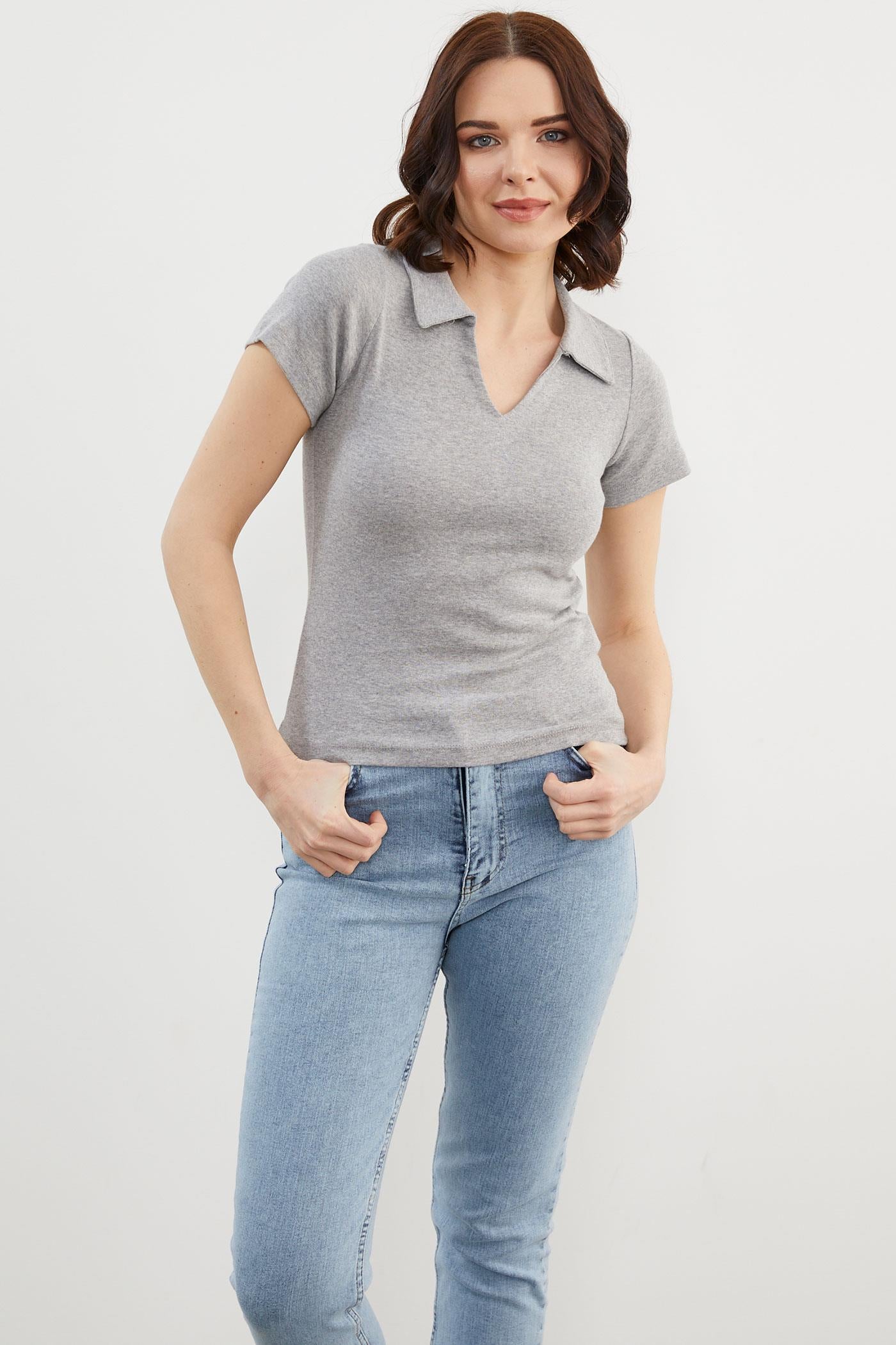 Açık Polo Yaka Basic Tişört - Gri (1) Sementa