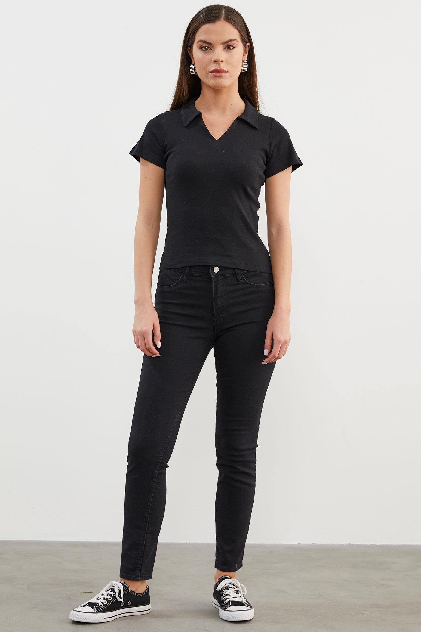 Açık Polo Yaka Basic Tişört - Siyah (2) Sementa