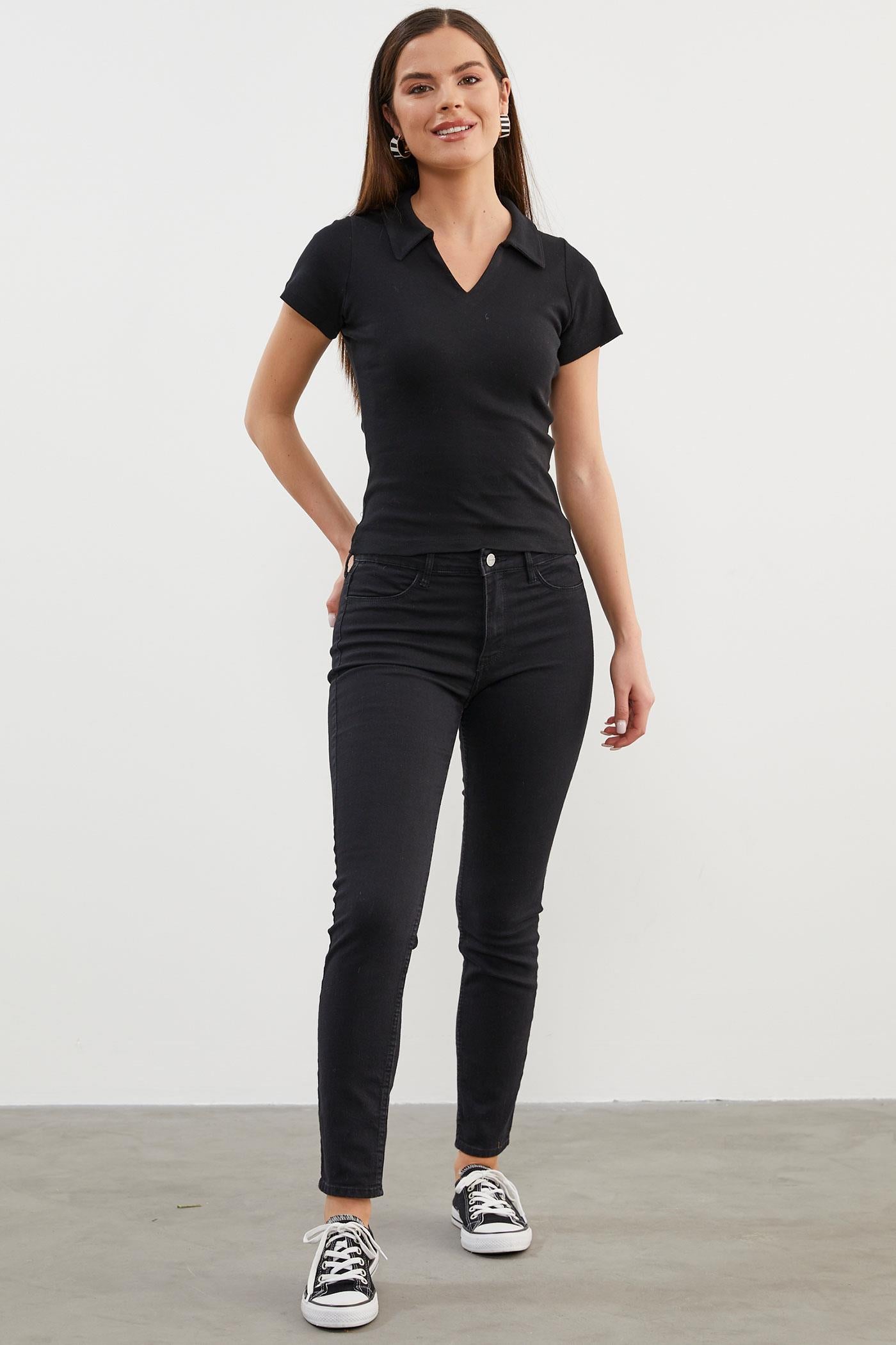 Açık Polo Yaka Basic Tişört - Siyah (4) Sementa