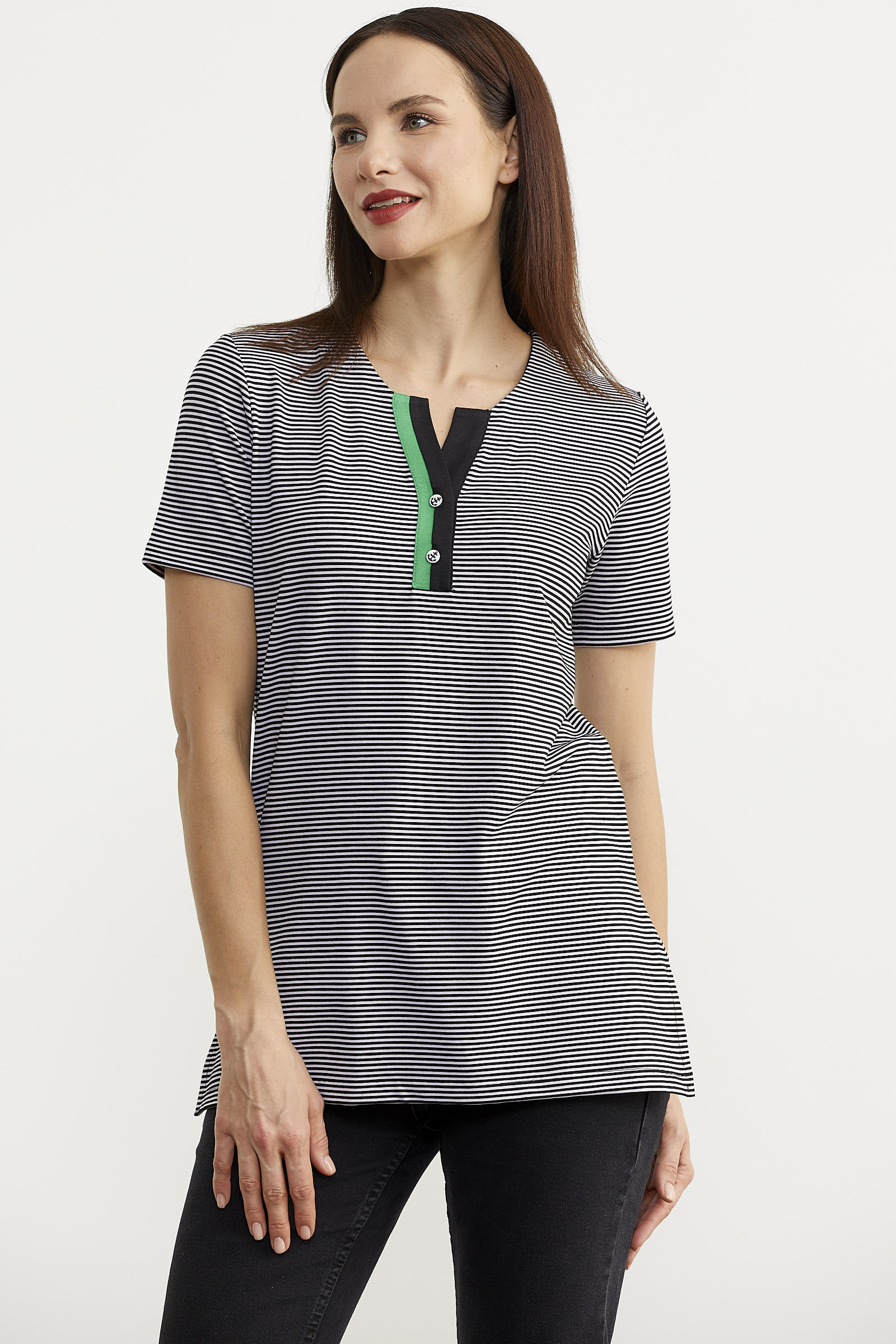 Açık Yaka Çizgili Tişört - Siyah (2) Sementa