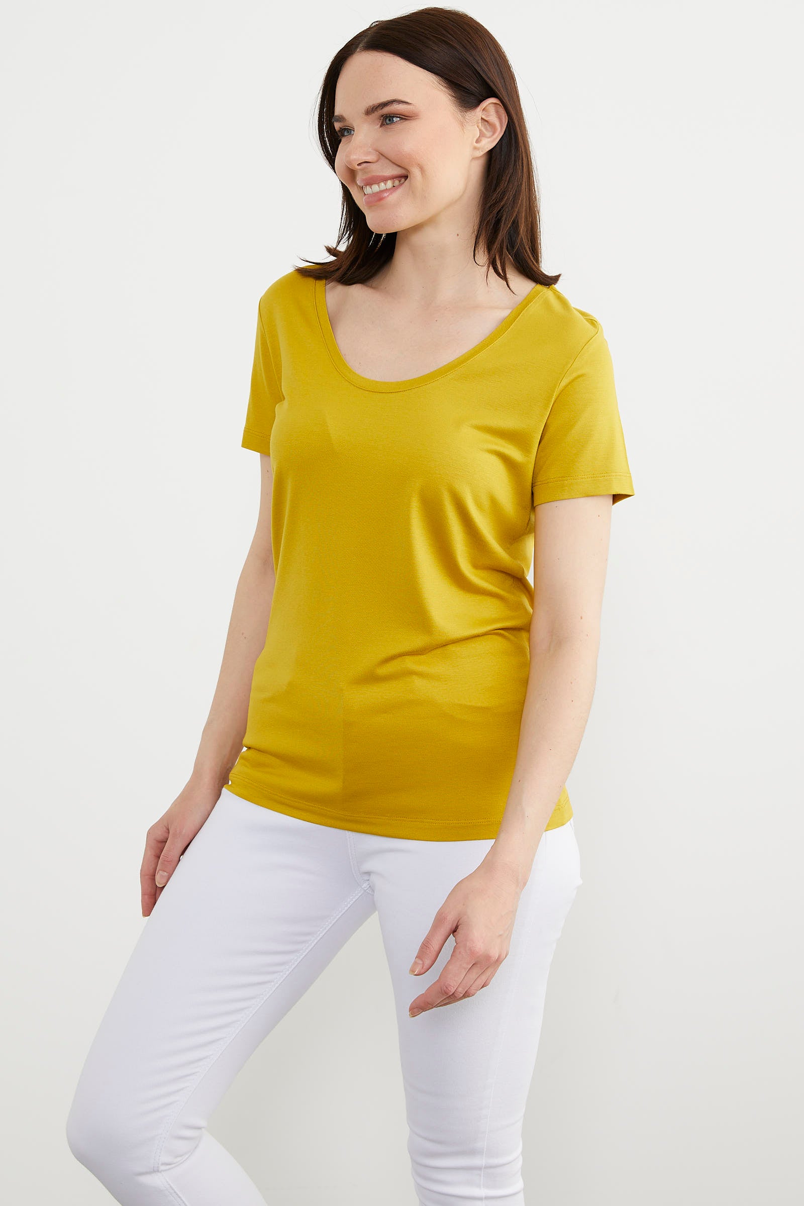 Açık Yaka Dökümlü Penye Tişört - Hardal (4) Sementa