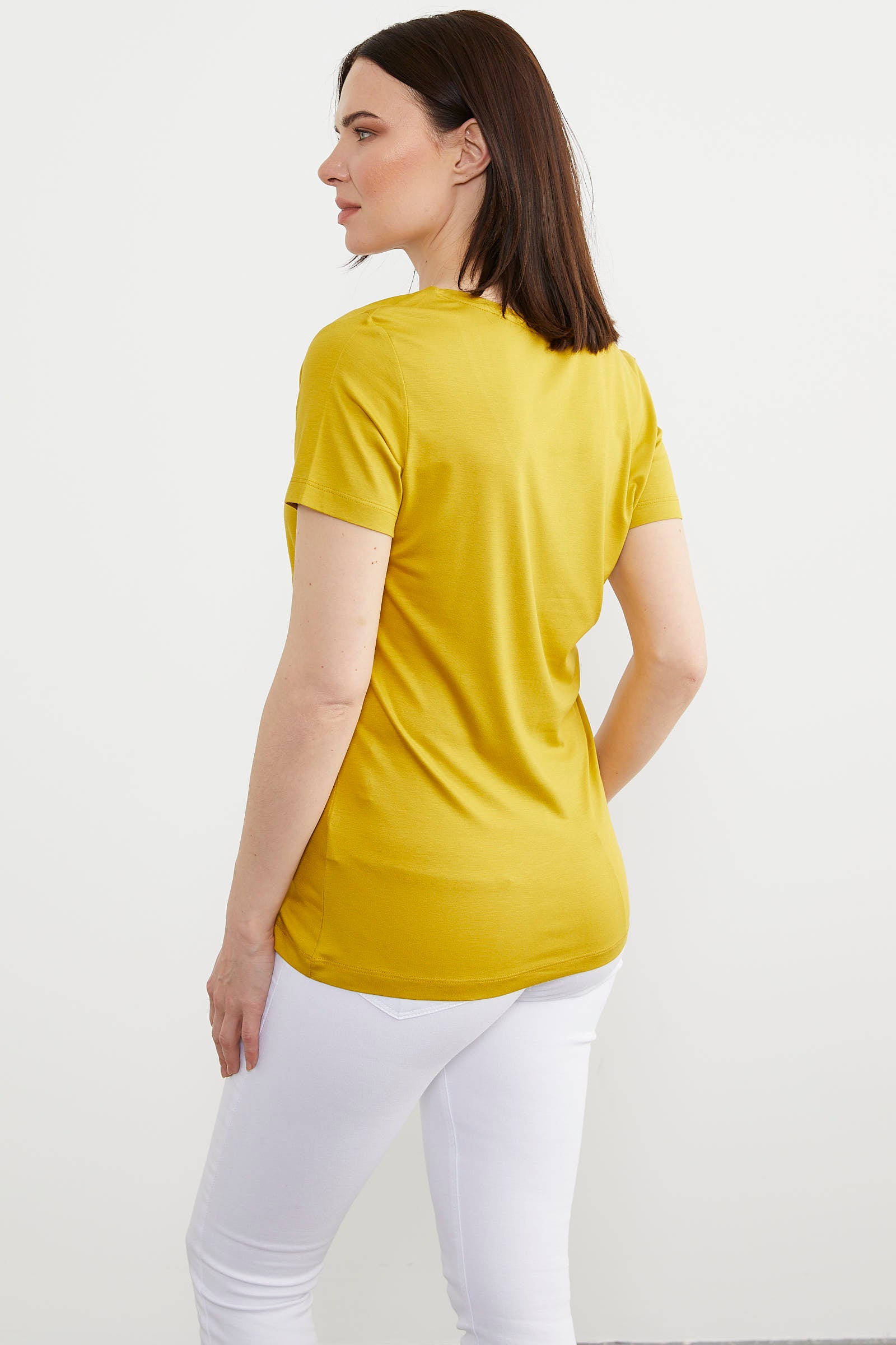 Açık Yaka Dökümlü Penye Tişört - Hardal (5) Sementa