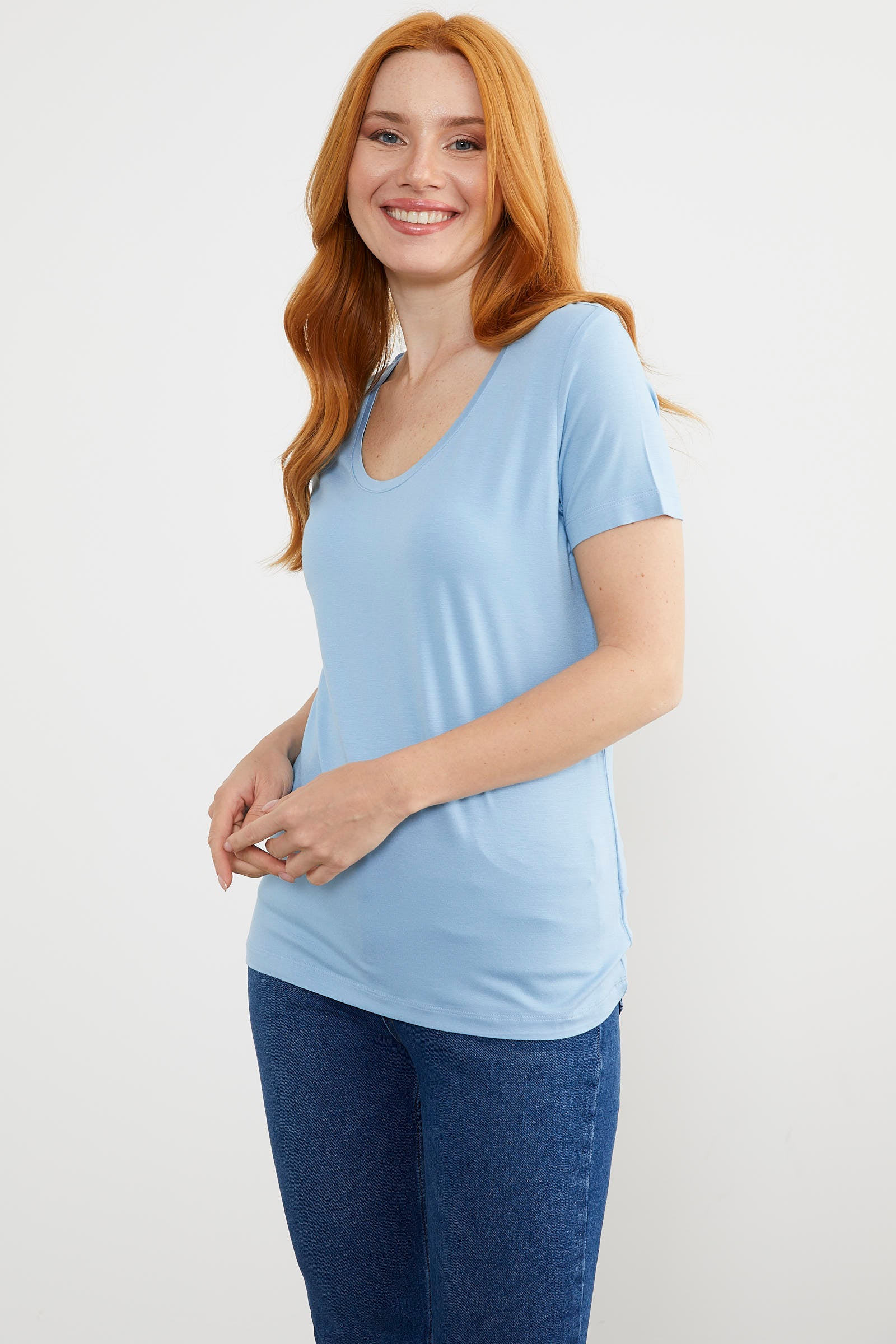 Açık Yaka Dökümlü Penye Tişört - Mavi (2) Sementa