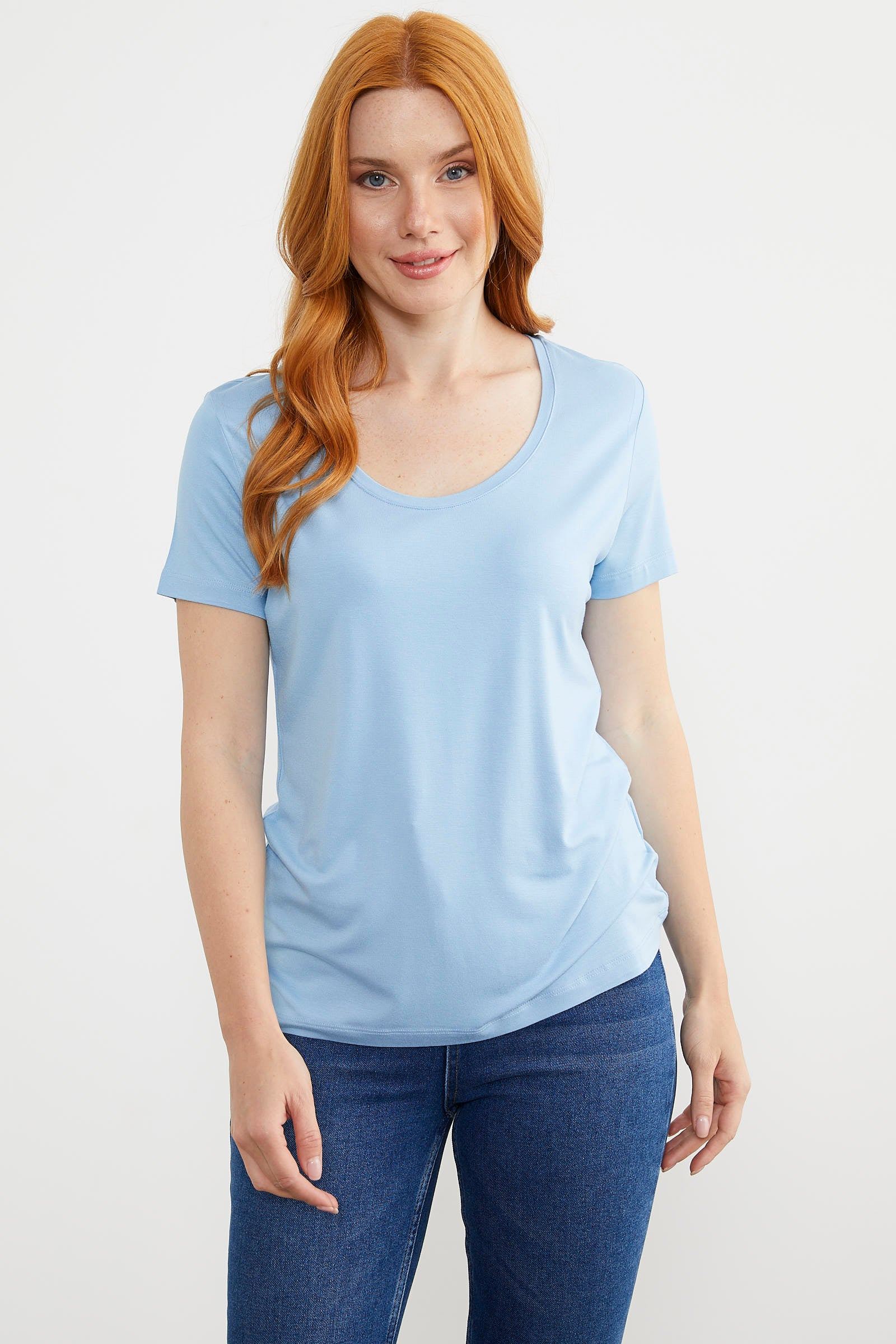 Açık Yaka Dökümlü Penye Tişört - Mavi (3) Sementa