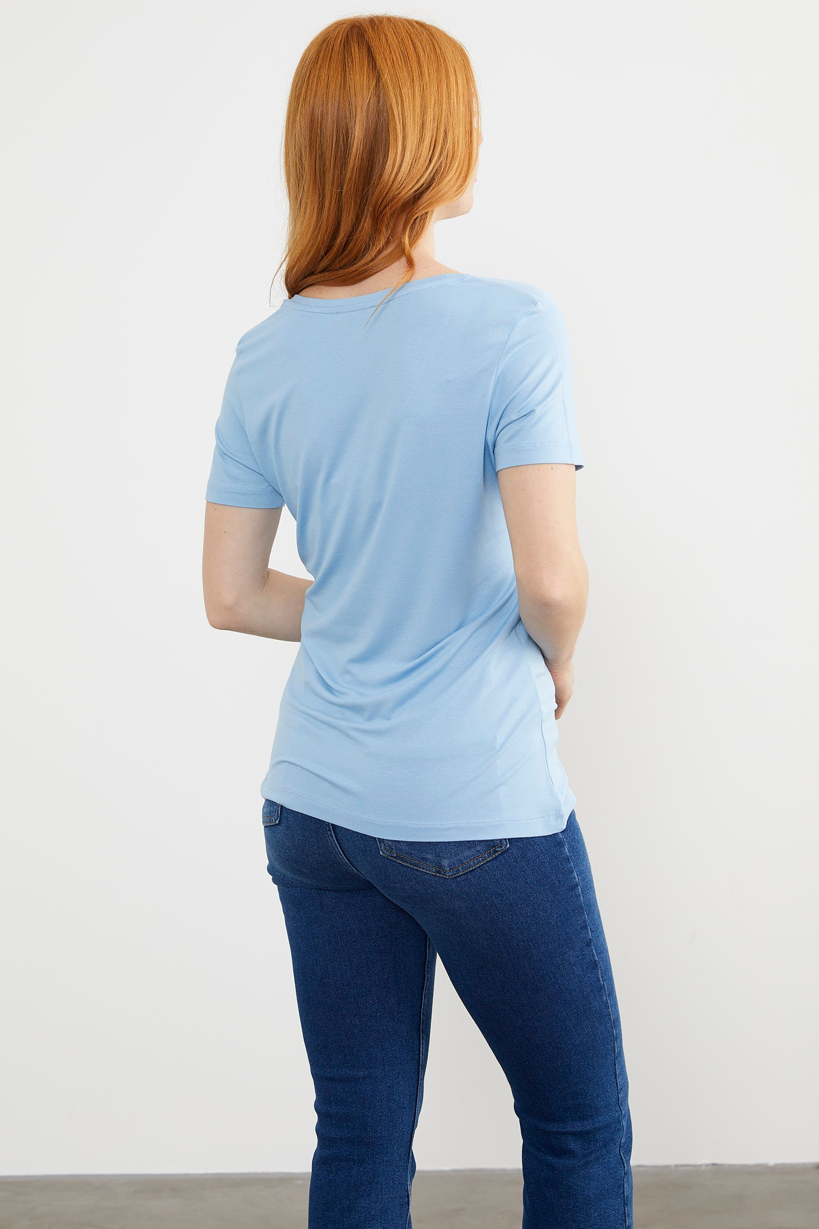 Açık Yaka Dökümlü Penye Tişört - Mavi (4) Sementa