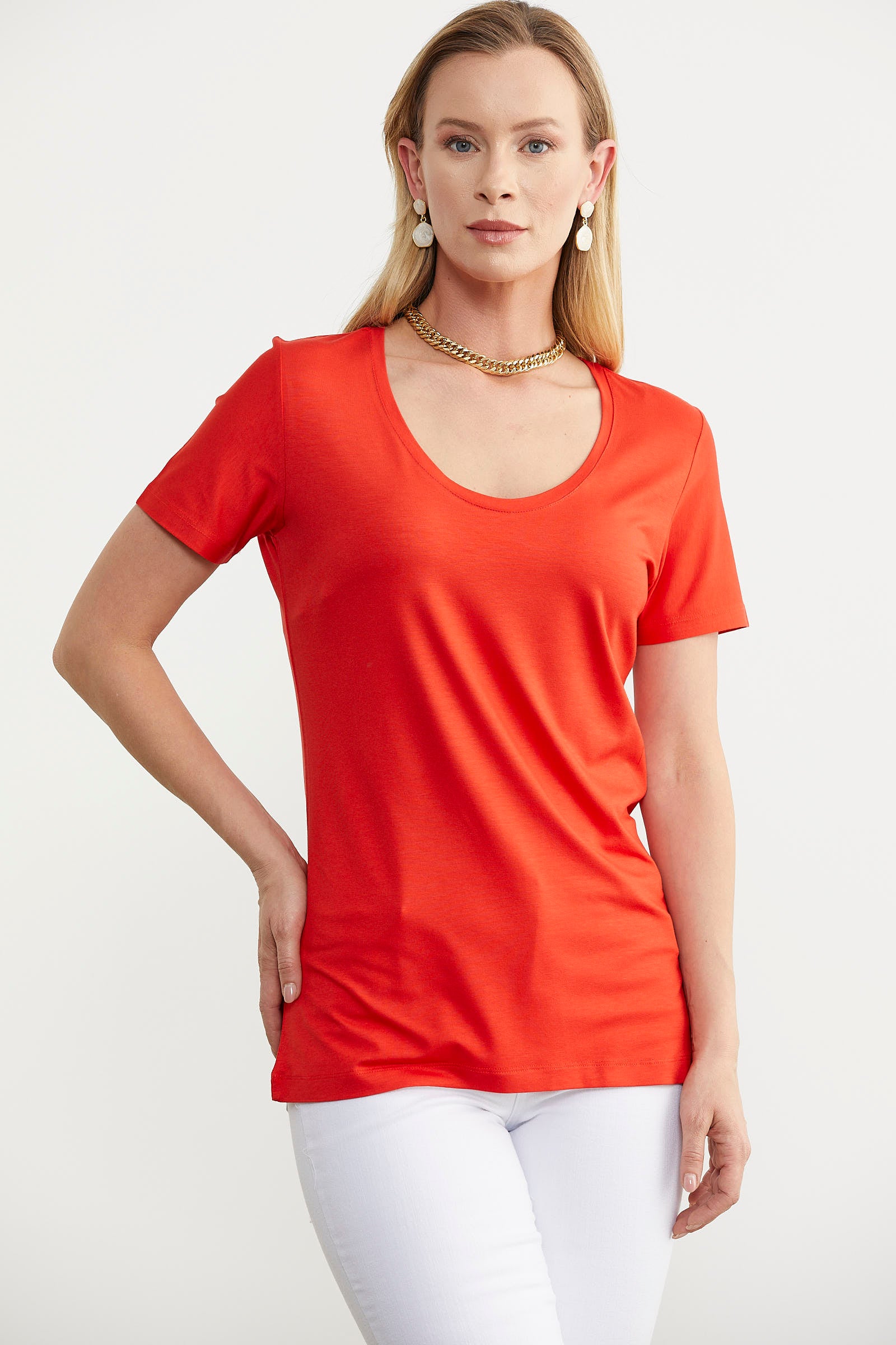 Açık Yaka Dökümlü Penye Tişört - Mercan (1) Sementa