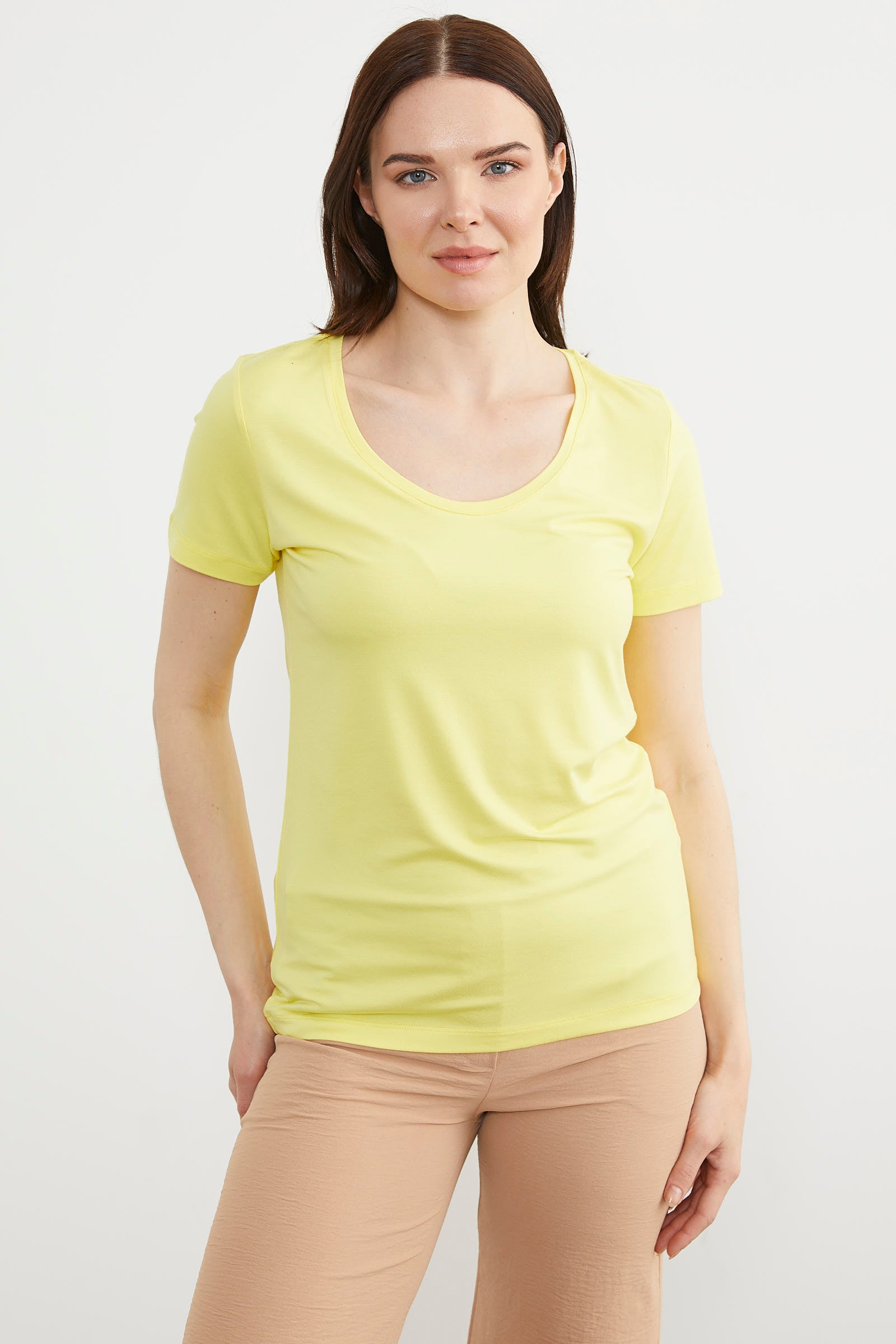 Açık Yaka Dökümlü Penye Tişört - Sarı (2) Sementa