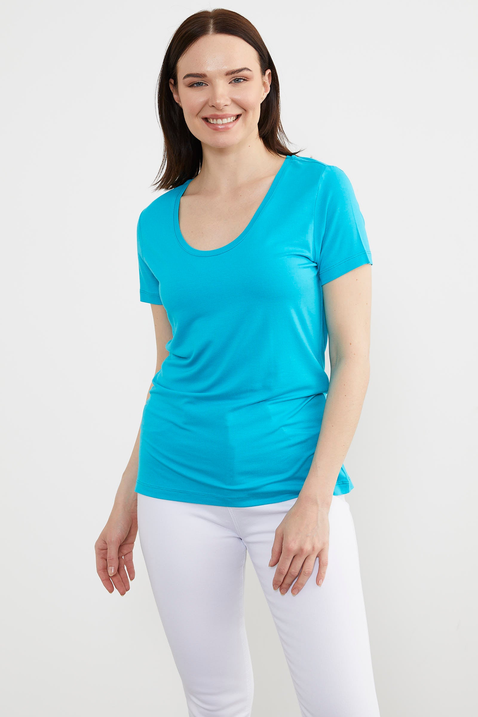 Açık Yaka Dökümlü Penye Tişört - Turkuaz (2) Sementa