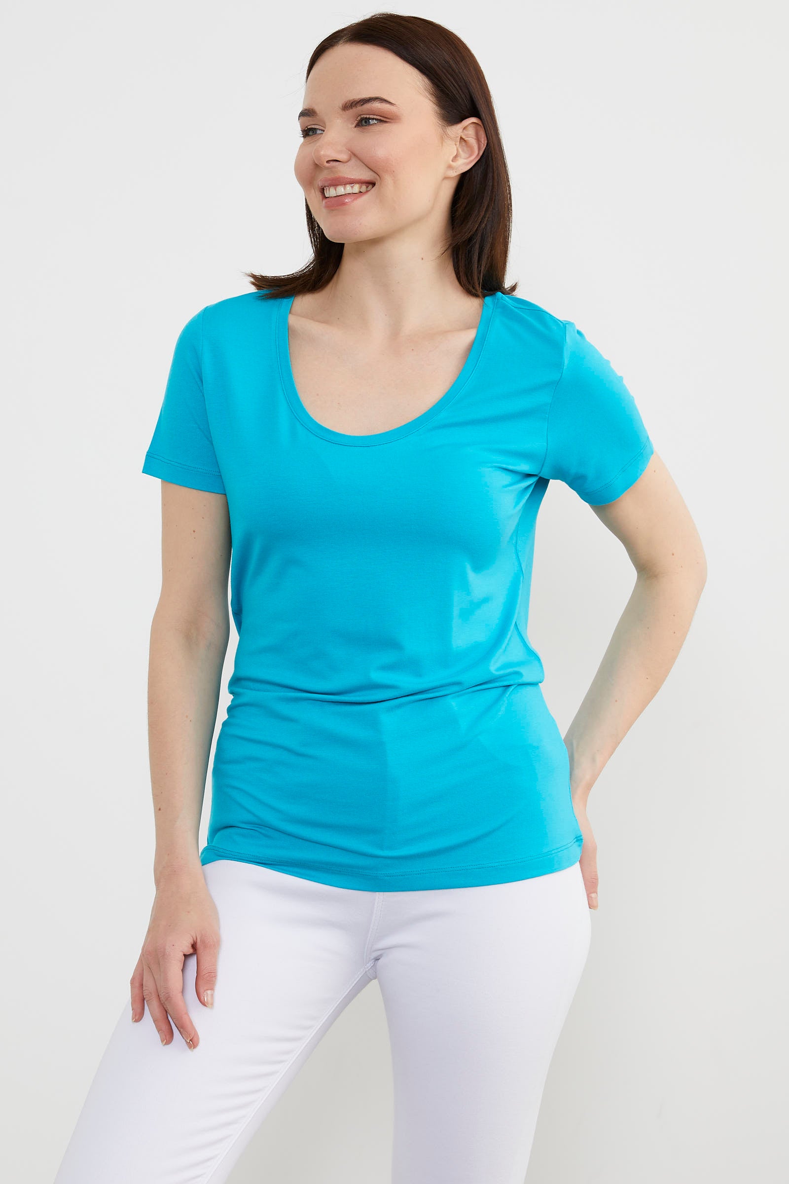 Açık Yaka Dökümlü Penye Tişört - Turkuaz (3) Sementa