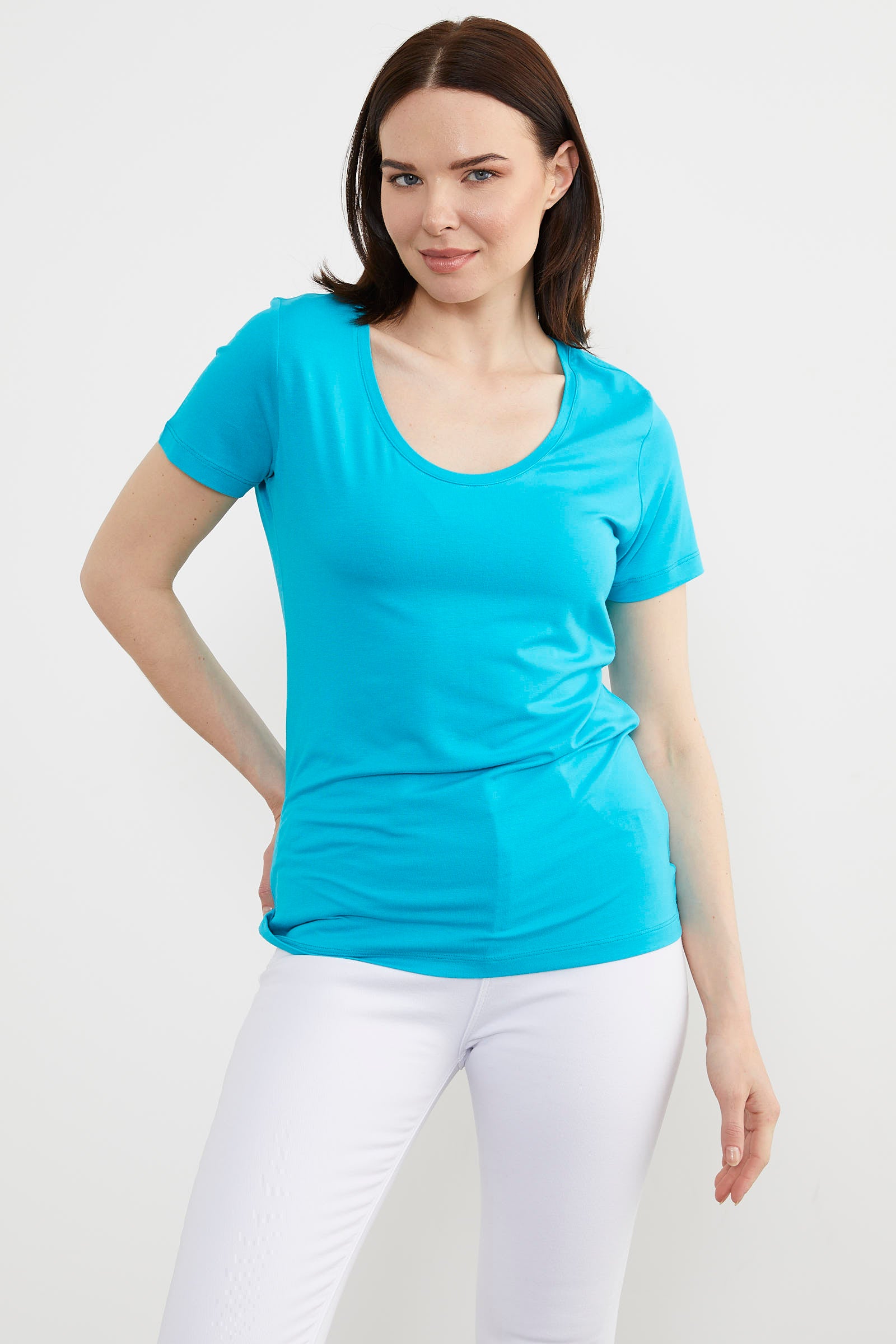 Açık Yaka Dökümlü Penye Tişört - Turkuaz (4) Sementa