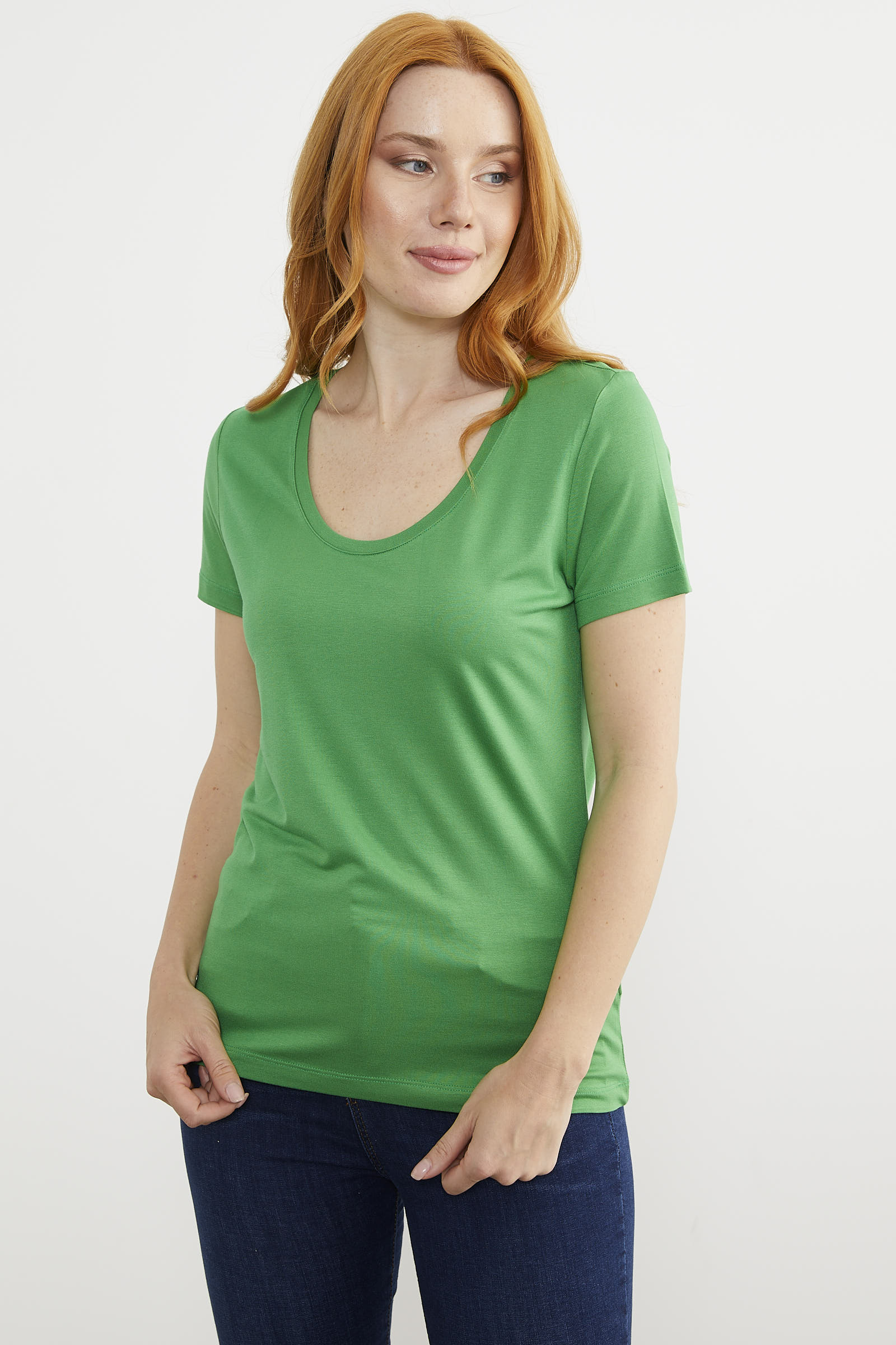 Açık Yaka Dökümlü Penye Tişört - Yeşil (2) Sementa