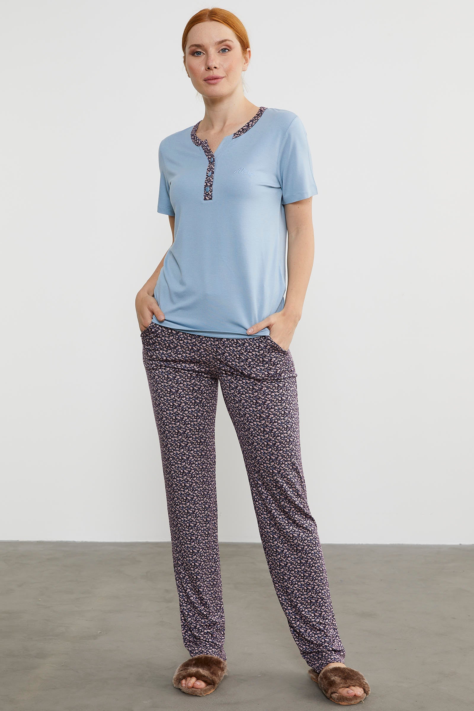 Açık Yaka Düğmeli Pijama Takım - Mavi (2) Sementa