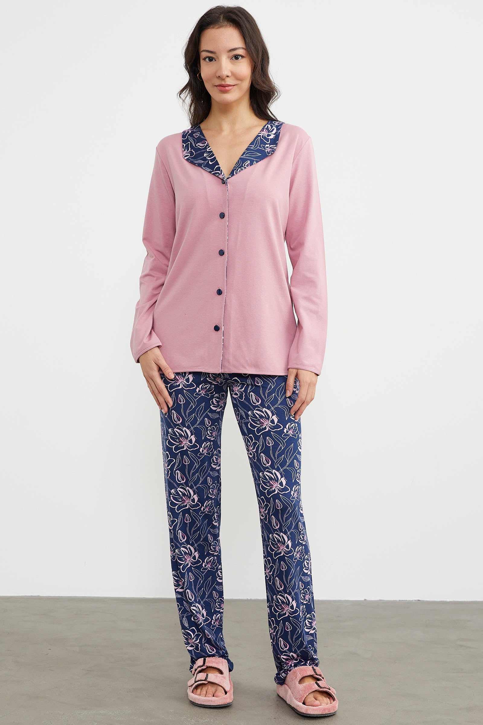 Açık Yaka Düğmeli Pijama Takım - Pembe (2) Sementa