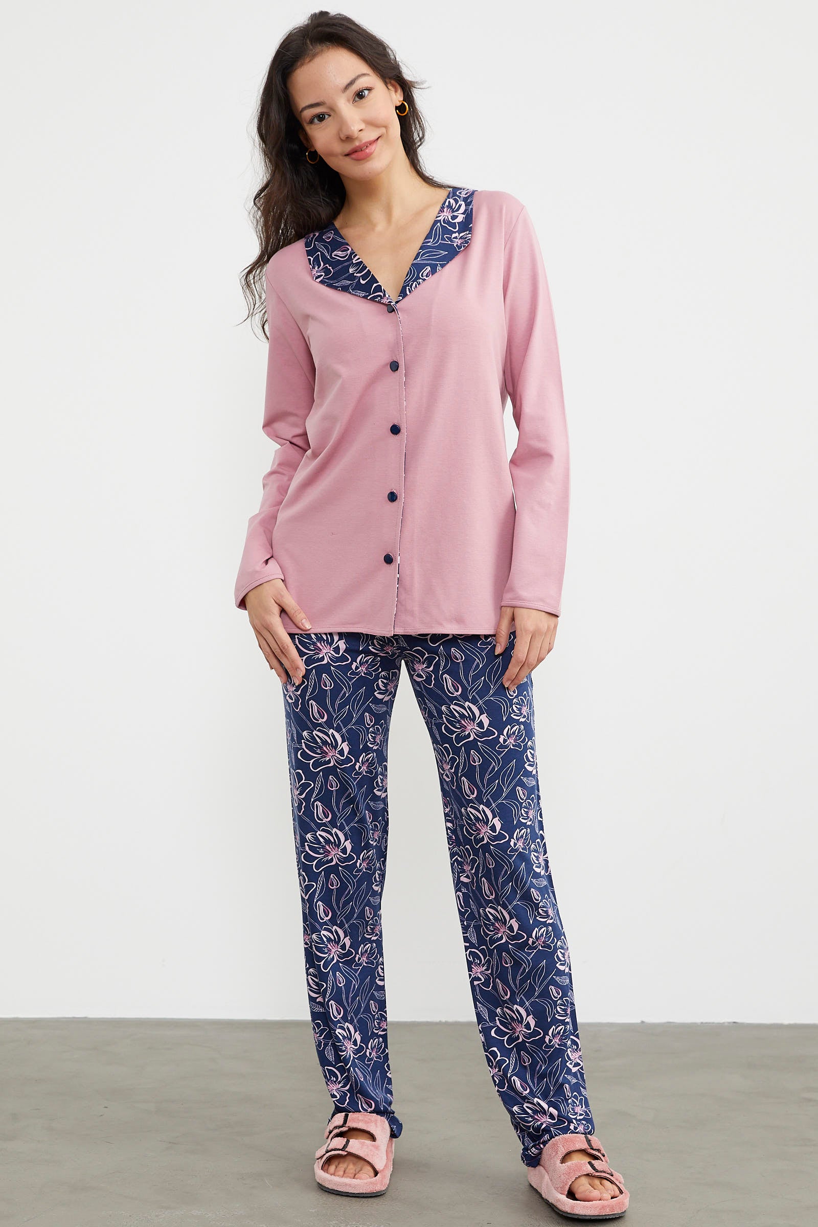 Açık Yaka Düğmeli Pijama Takım - Pembe (3) Sementa