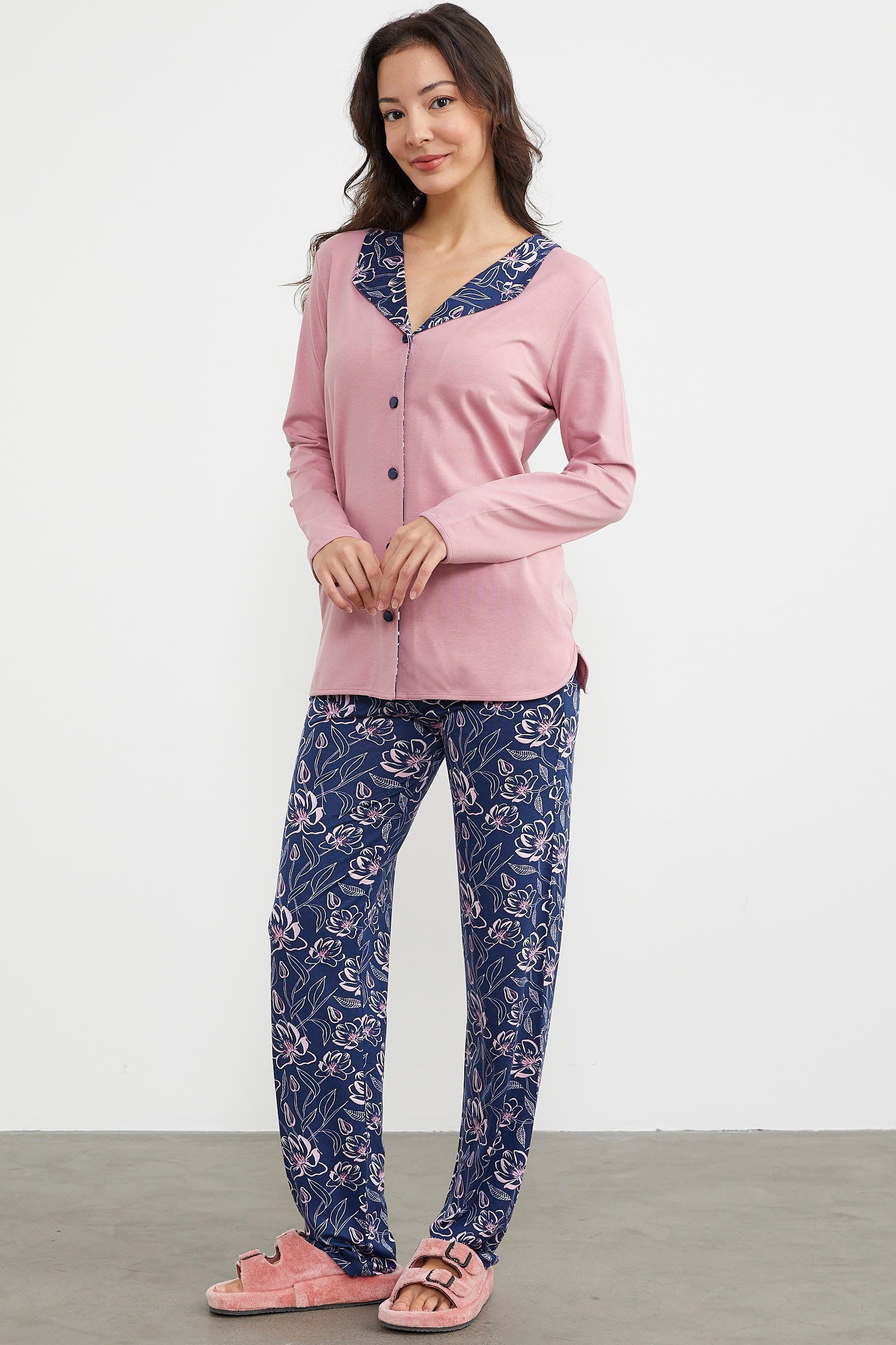 Açık Yaka Düğmeli Pijama Takım - Pembe (4) Sementa