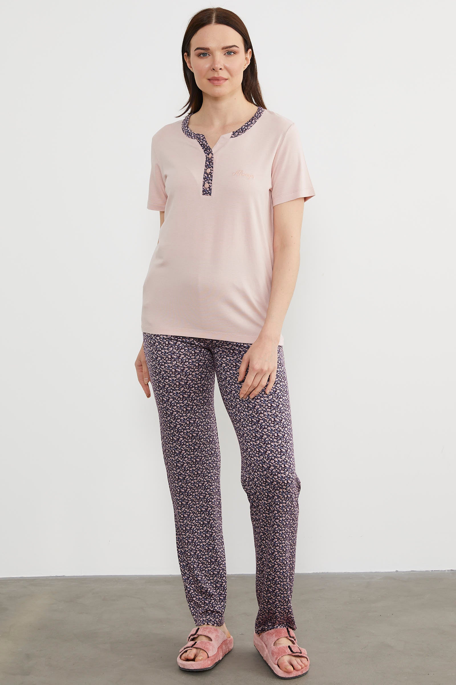 Açık Yaka Düğmeli Pijama Takım - Pudra (1) Sementa