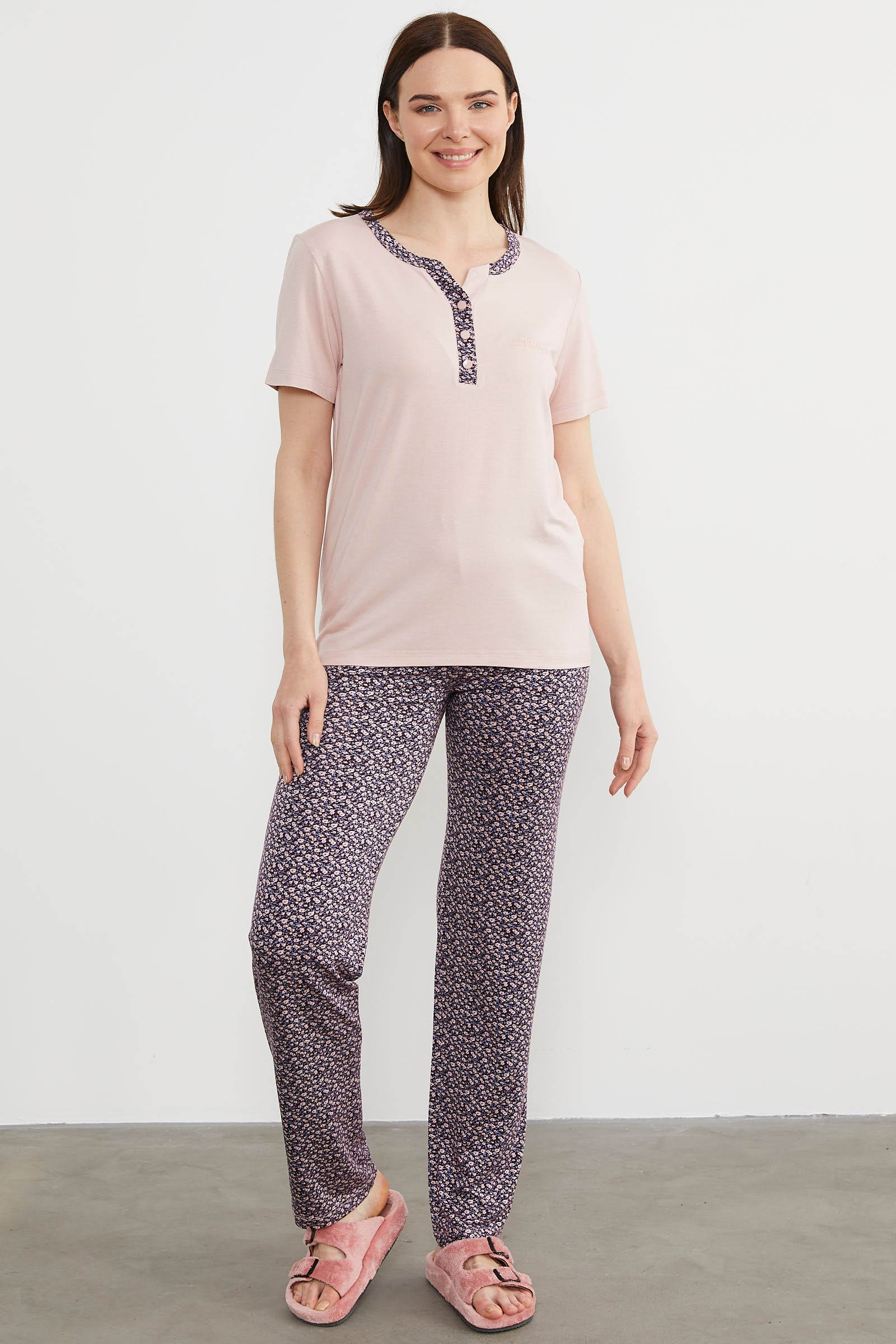Açık Yaka Düğmeli Pijama Takım - Pudra (2) Sementa
