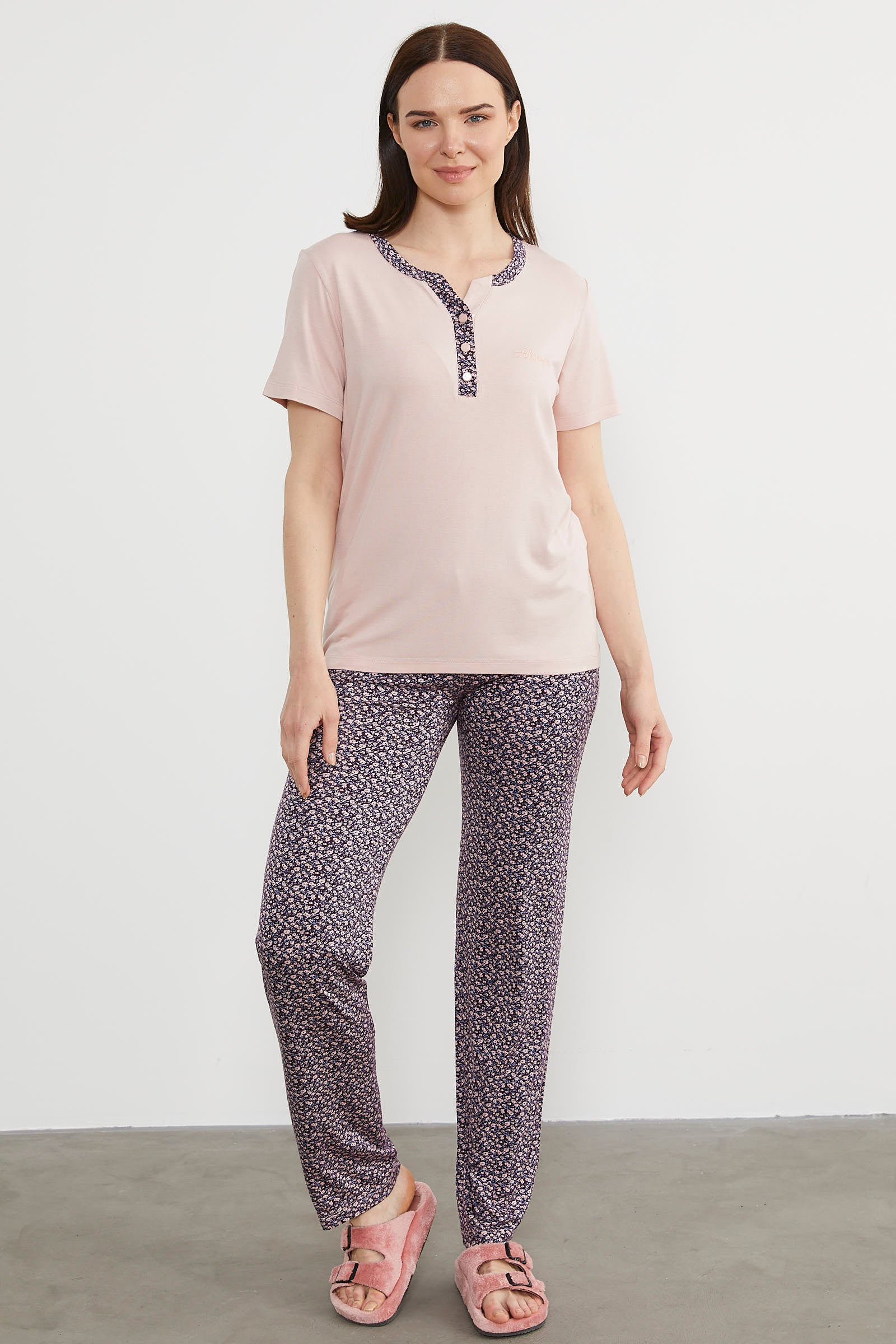 Açık Yaka Düğmeli Pijama Takım - Pudra (4) Sementa