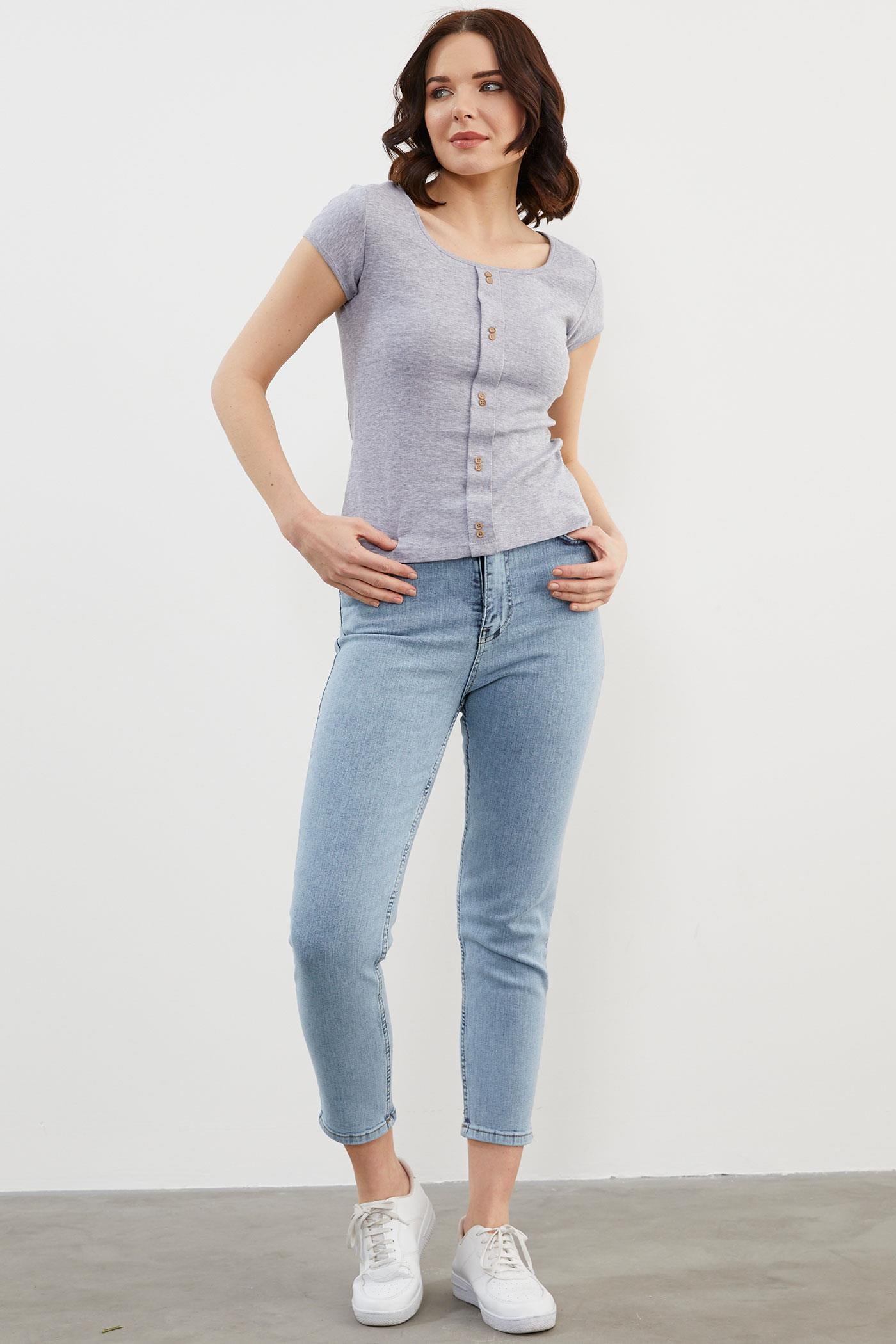 Açık Yaka Düğmeli Tişört - Gri (2) Sementa