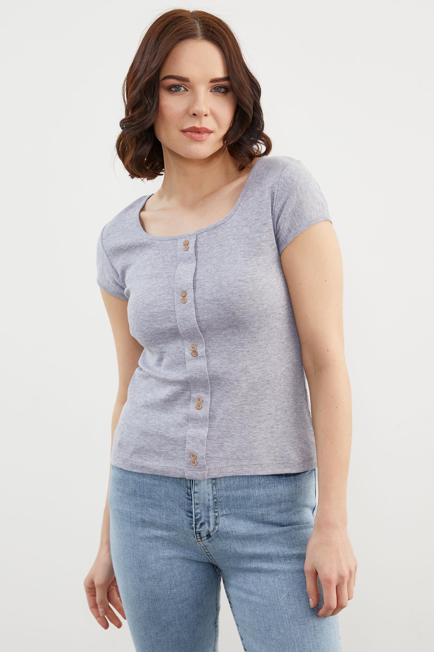 Açık Yaka Düğmeli Tişört - Gri (3) Sementa