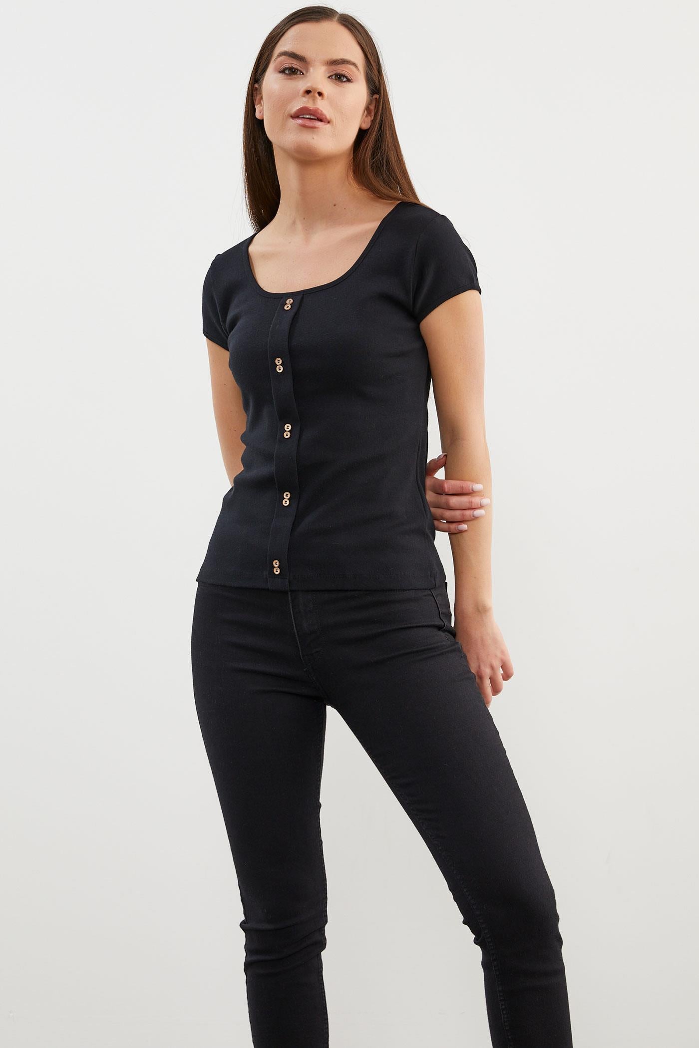 Açık Yaka Düğmeli Tişört - Siyah (4) Sementa