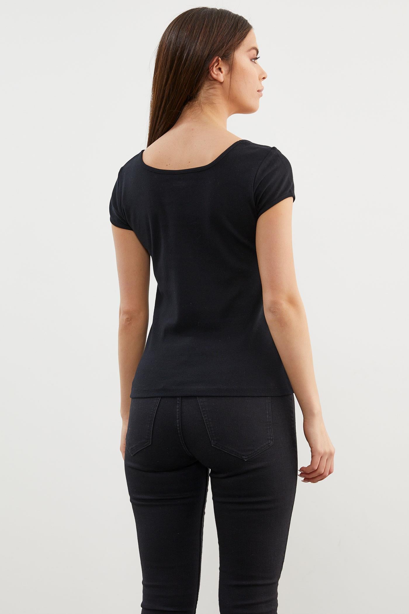 Açık Yaka Düğmeli Tişört - Siyah (5) Sementa