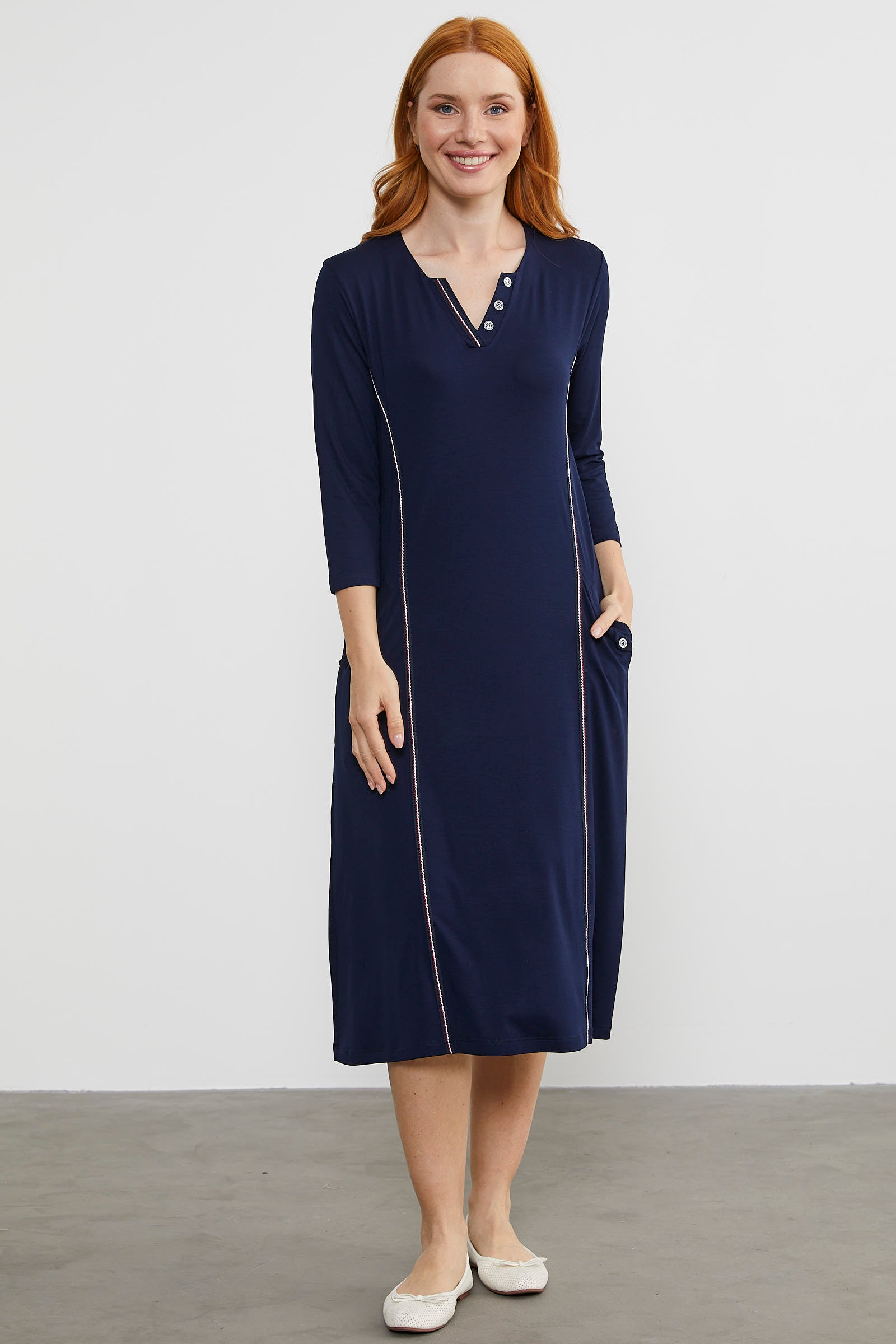 Açık Yaka Şerit Biyeli Penye Elbise - Lacivert (2) Sementa