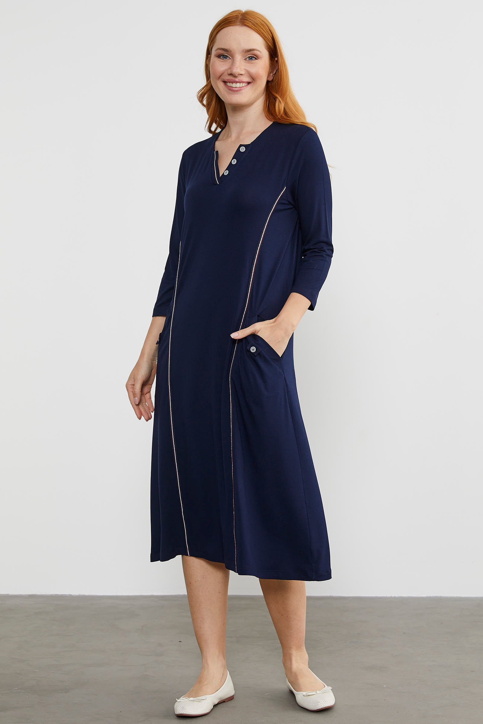 Açık Yaka Şerit Biyeli Penye Elbise - Lacivert (3) Sementa