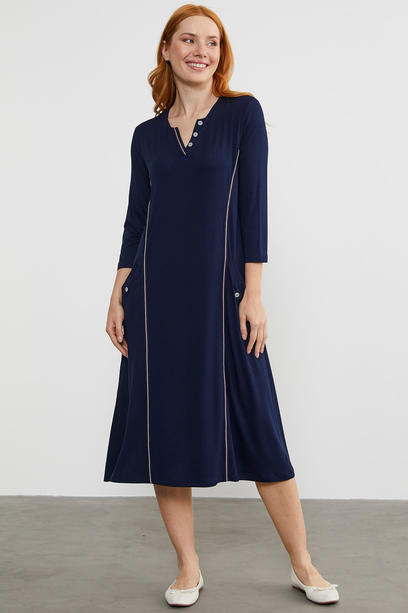 Açık Yaka Şerit Biyeli Penye Elbise - Lacivert (4) Sementa