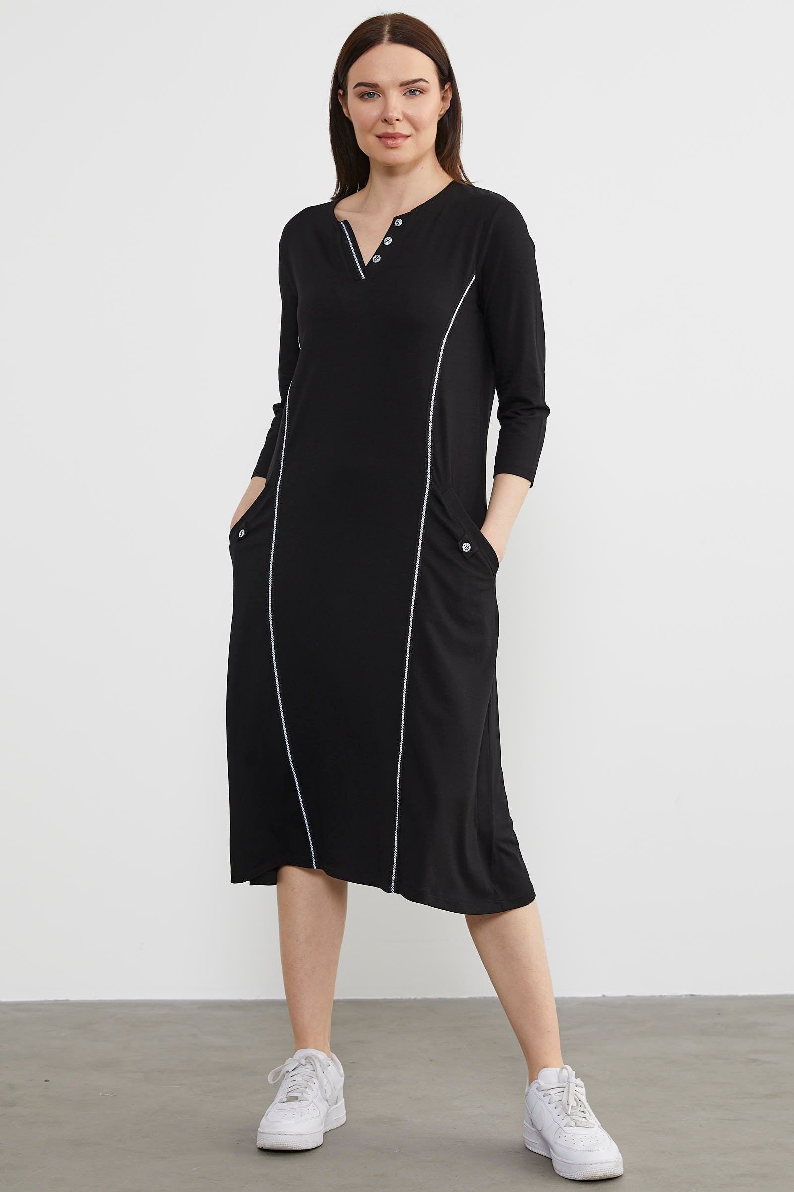 Açık Yaka Şerit Biyeli Penye Elbise - Siyah (1) Sementa