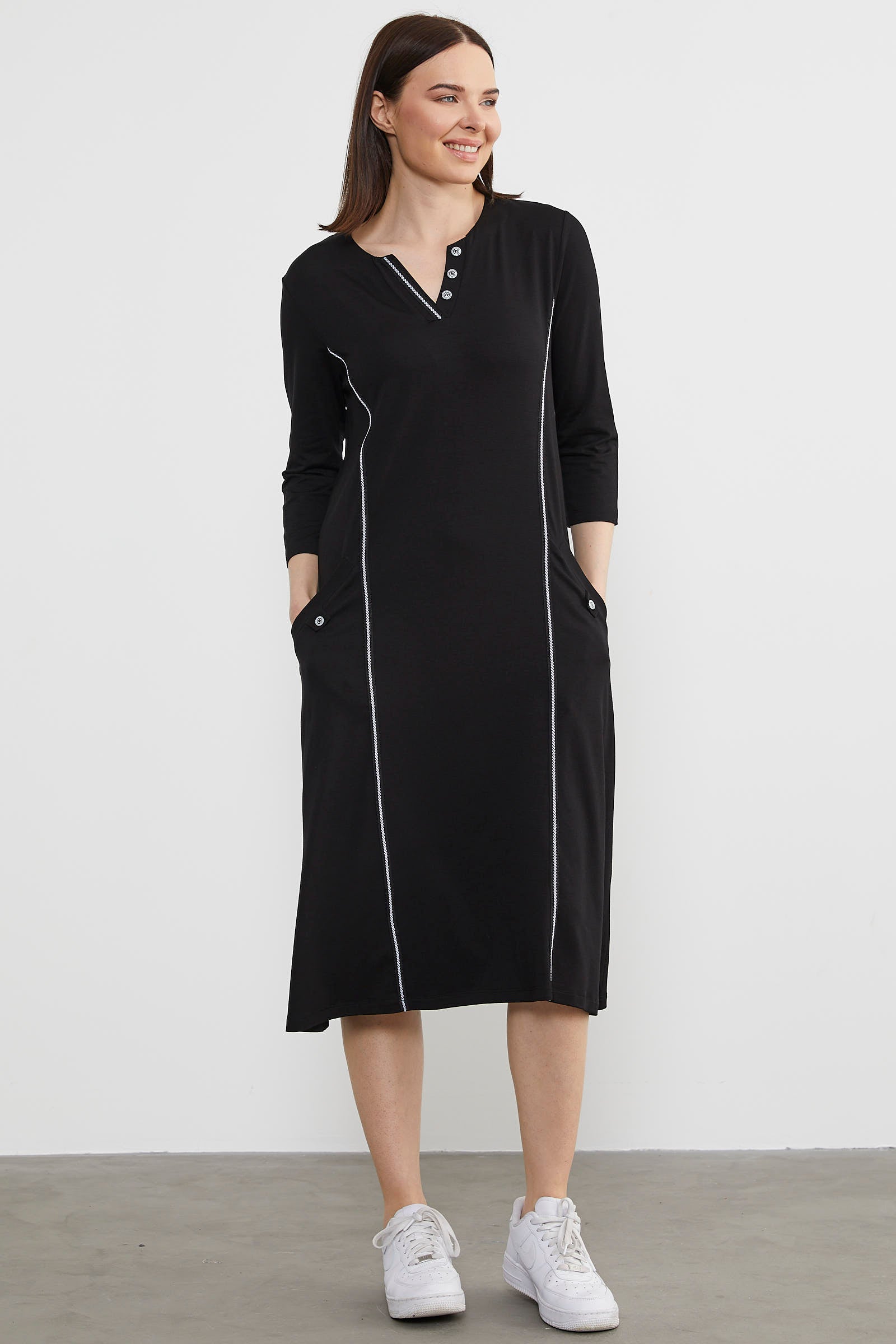 Açık Yaka Şerit Biyeli Penye Elbise - Siyah (2) Sementa