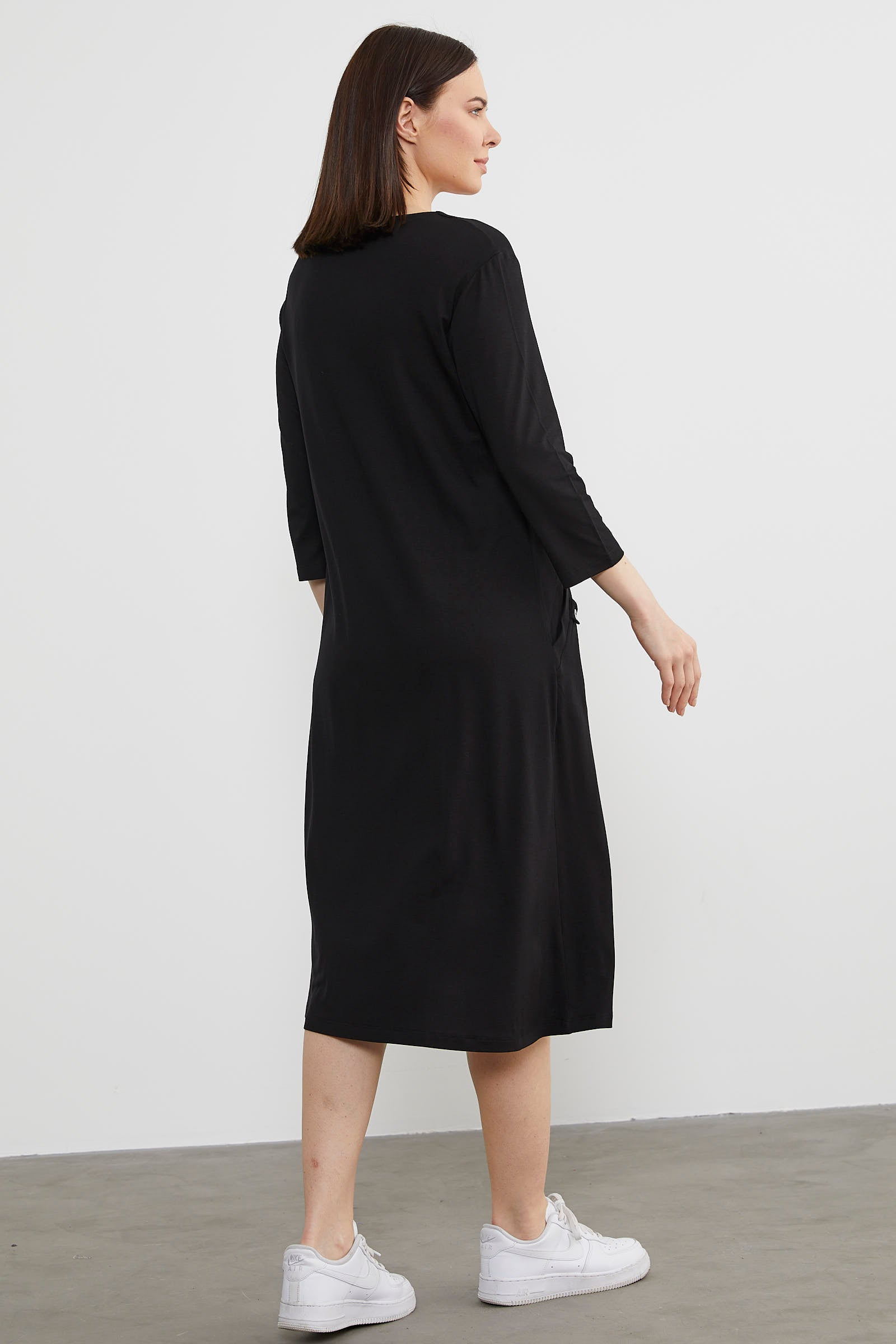 Açık Yaka Şerit Biyeli Penye Elbise - Siyah (6) Sementa