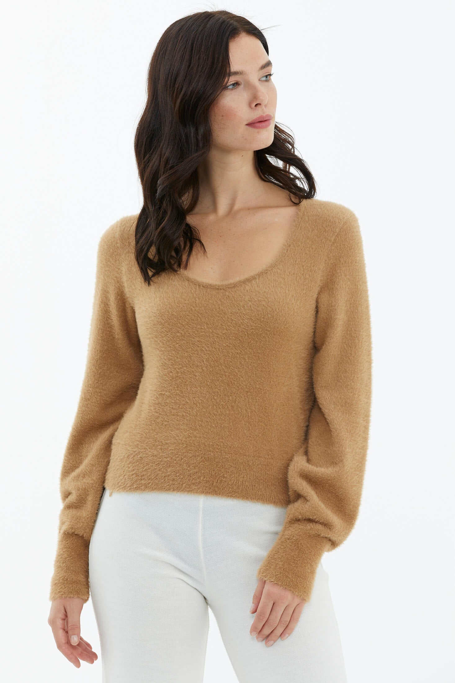 Açık Yaka Yumoş Triko Kazak - Kamel (3) Sementa