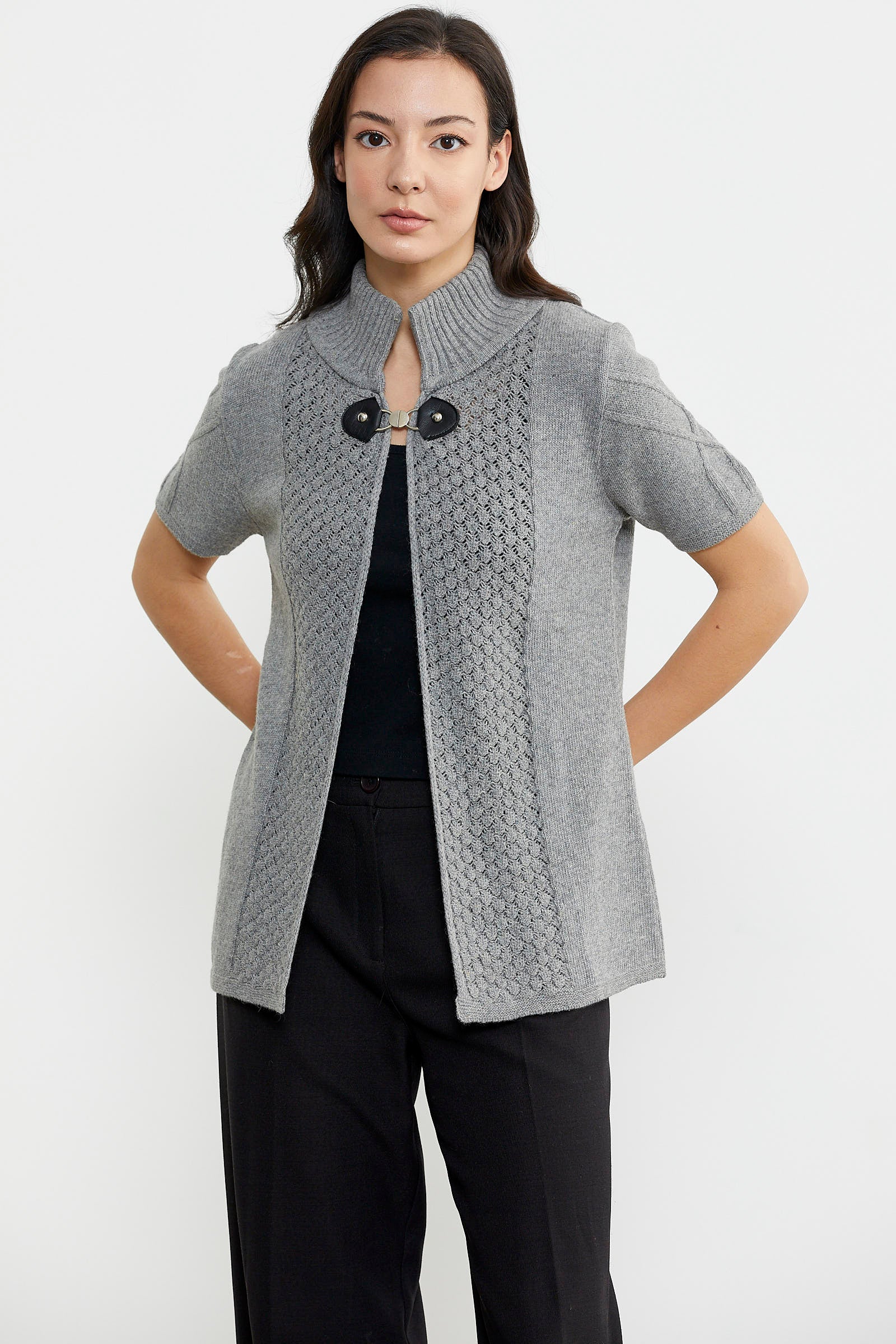 Agraf Detaylı Triko Süveter - Gri (3) Sementa