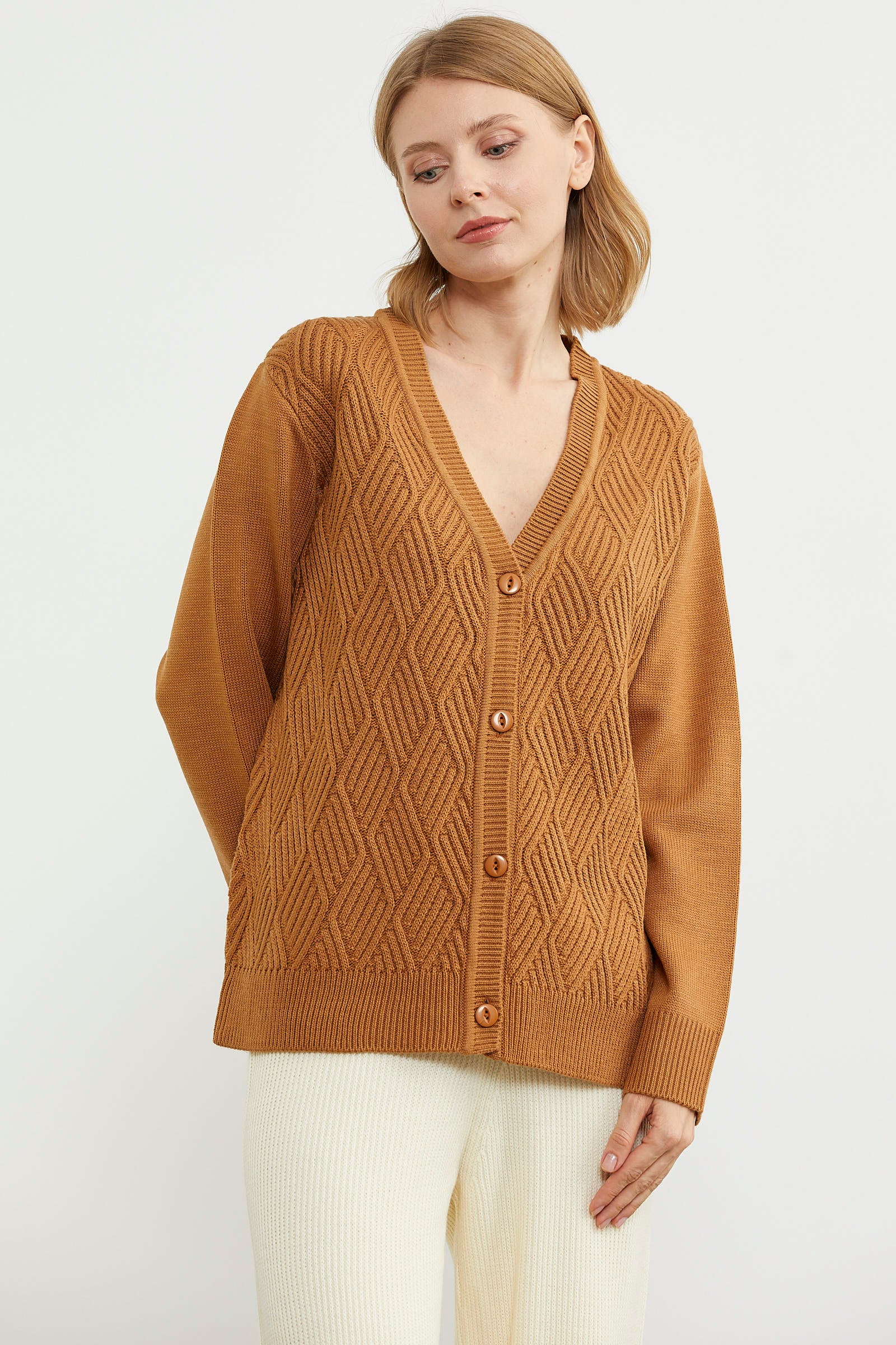 Ajurlu Düğmeli Triko Hırka - Kamel (2) Sementa