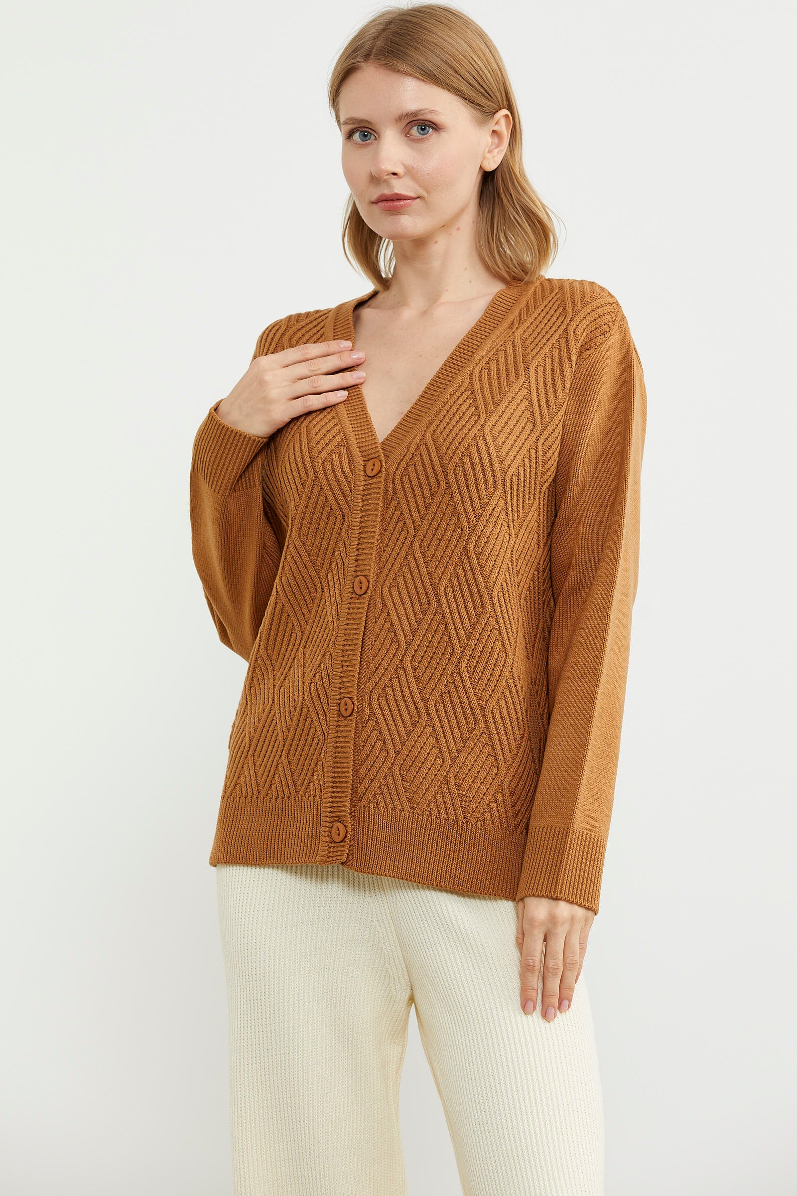 Ajurlu Düğmeli Triko Hırka - Kamel (4) Sementa