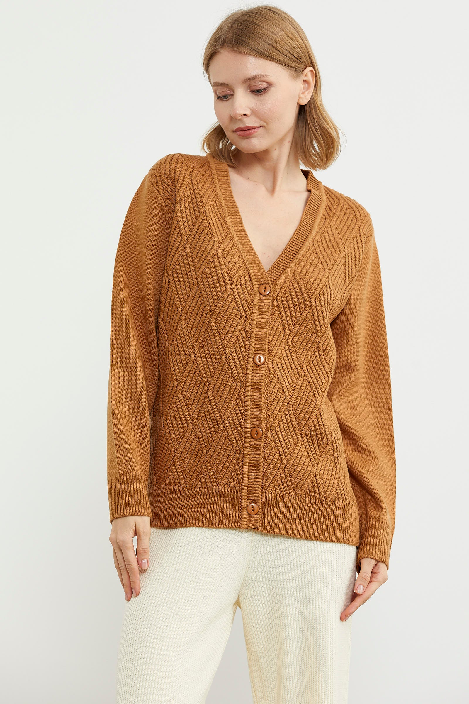 Ajurlu Düğmeli Triko Hırka - Kamel (5) Sementa