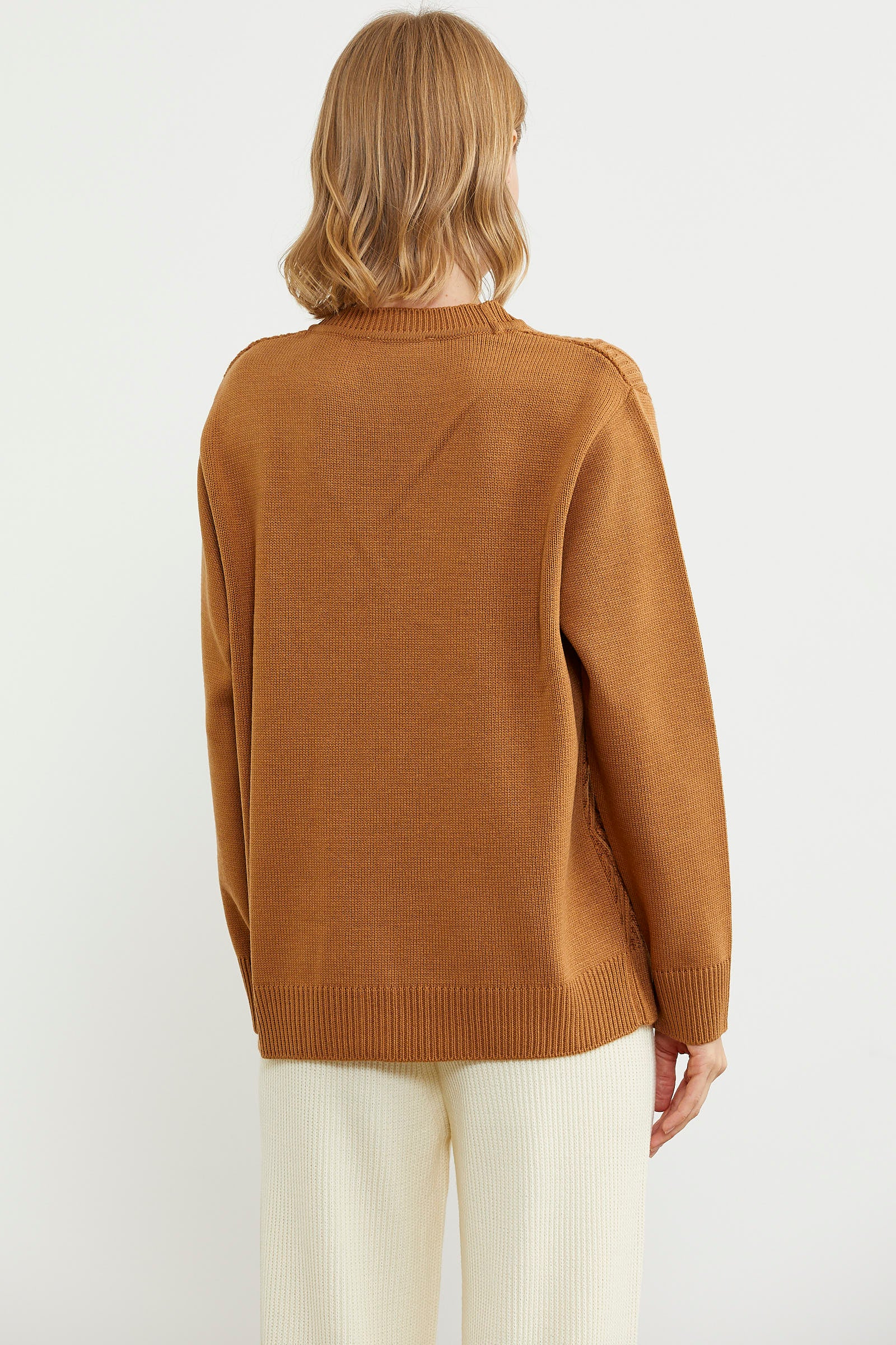 Ajurlu Düğmeli Triko Hırka - Kamel (6) Sementa