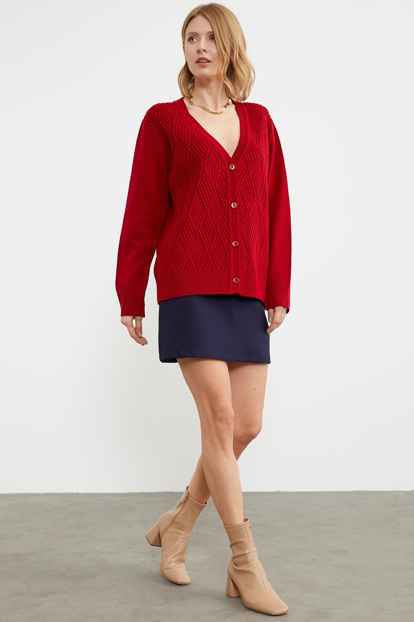 Ajurlu Düğmeli Triko Hırka - Kırmızı (4) Sementa