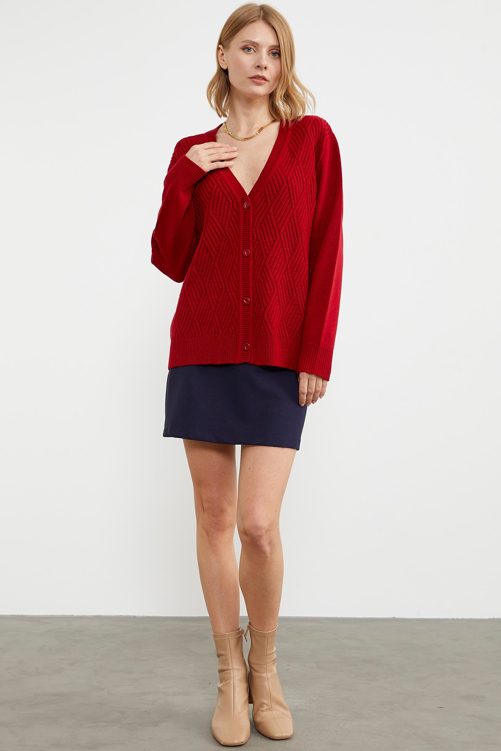 Ajurlu Düğmeli Triko Hırka - Kırmızı (3) Sementa