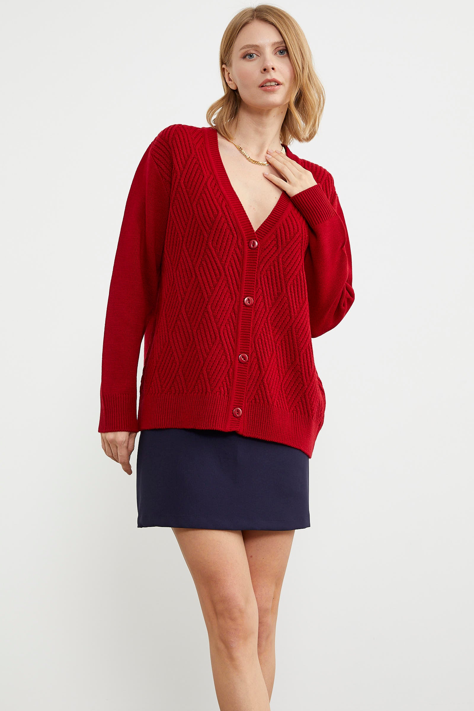 Ajurlu Düğmeli Triko Hırka - Kırmızı (1) Sementa