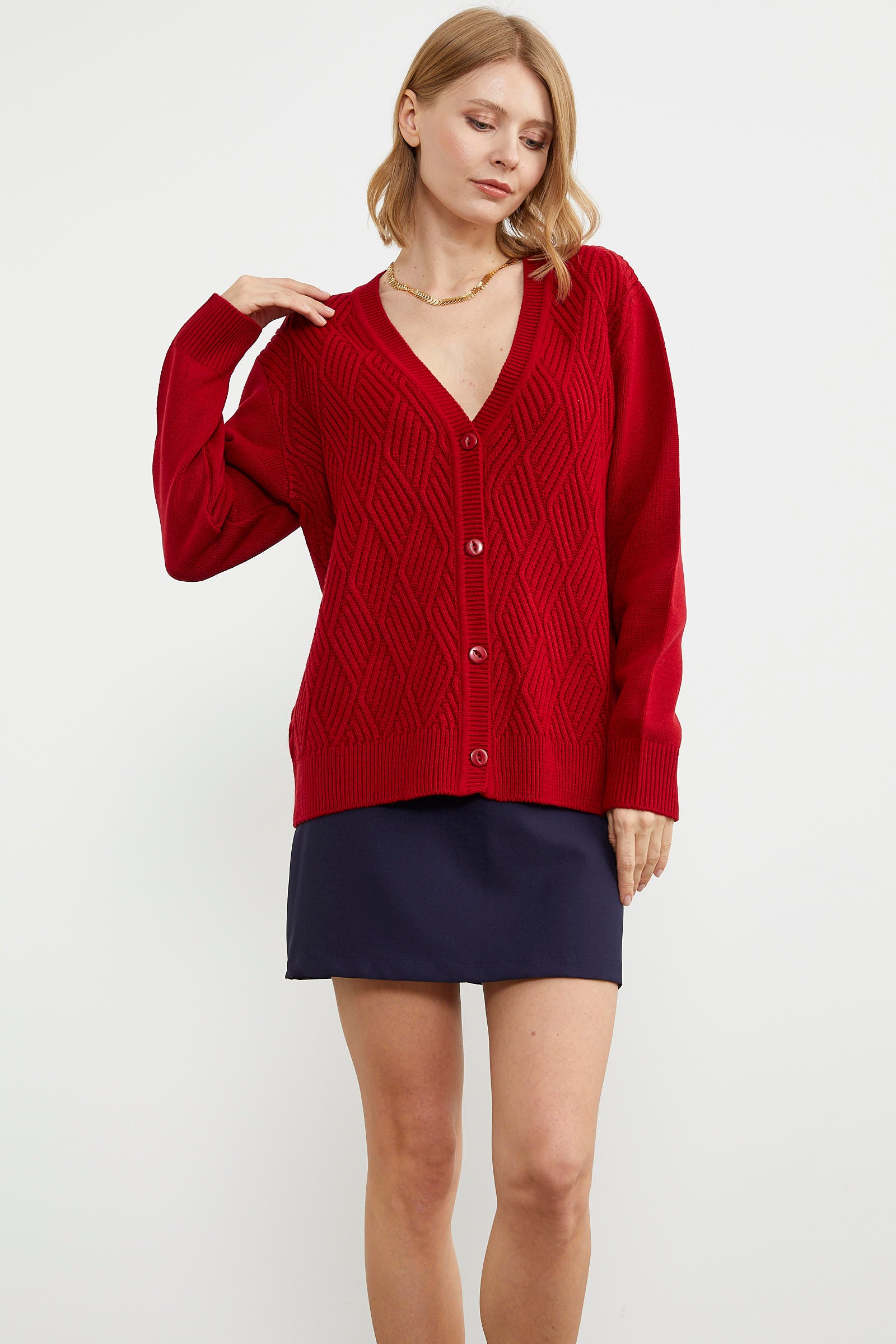 Ajurlu Düğmeli Triko Hırka - Kırmızı (5) Sementa