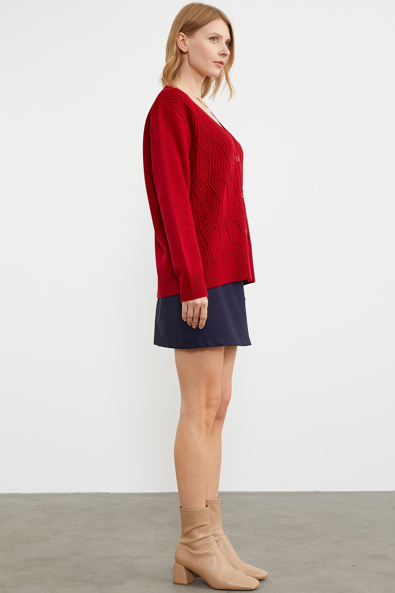 Ajurlu Düğmeli Triko Hırka - Kırmızı (6) Sementa