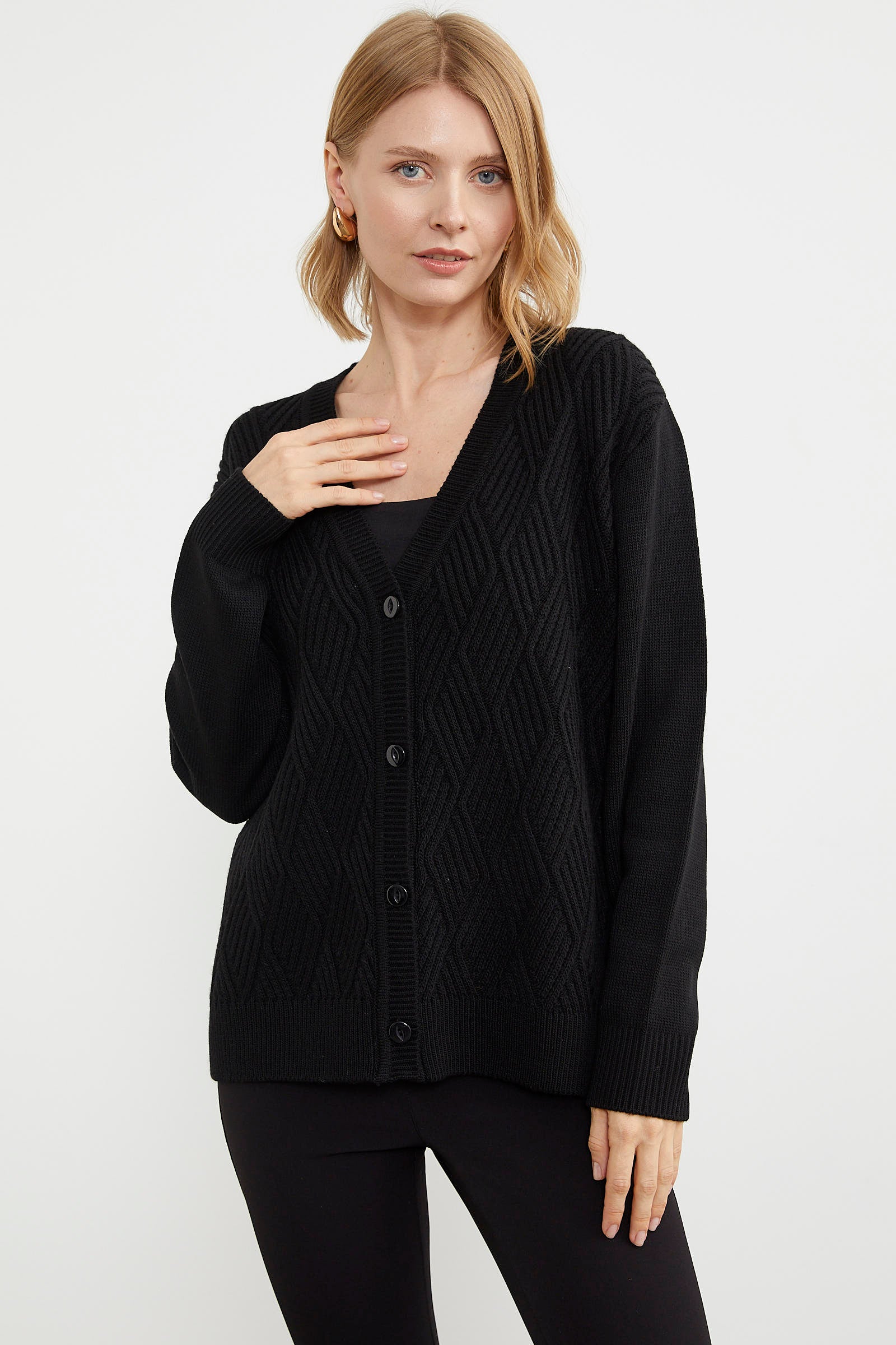 Ajurlu Düğmeli Triko Hırka - Siyah (2) Sementa