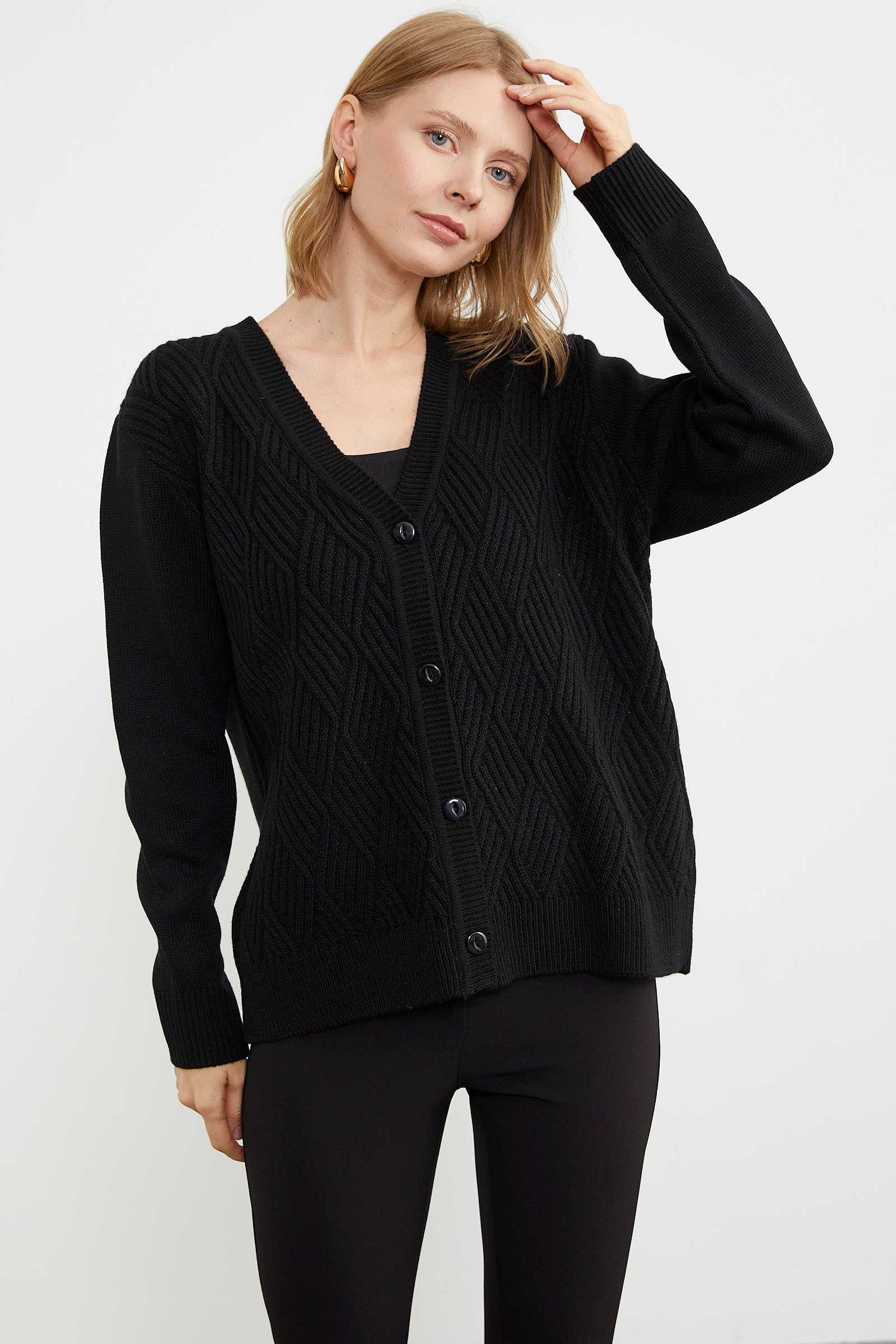 Ajurlu Düğmeli Triko Hırka - Siyah (3) Sementa