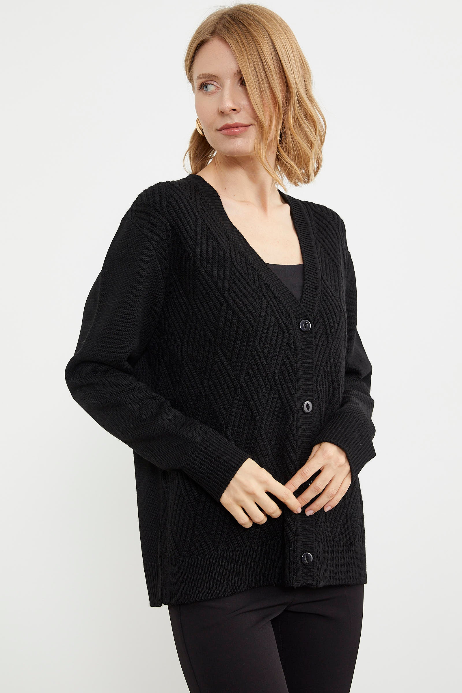 Ajurlu Düğmeli Triko Hırka - Siyah (5) Sementa