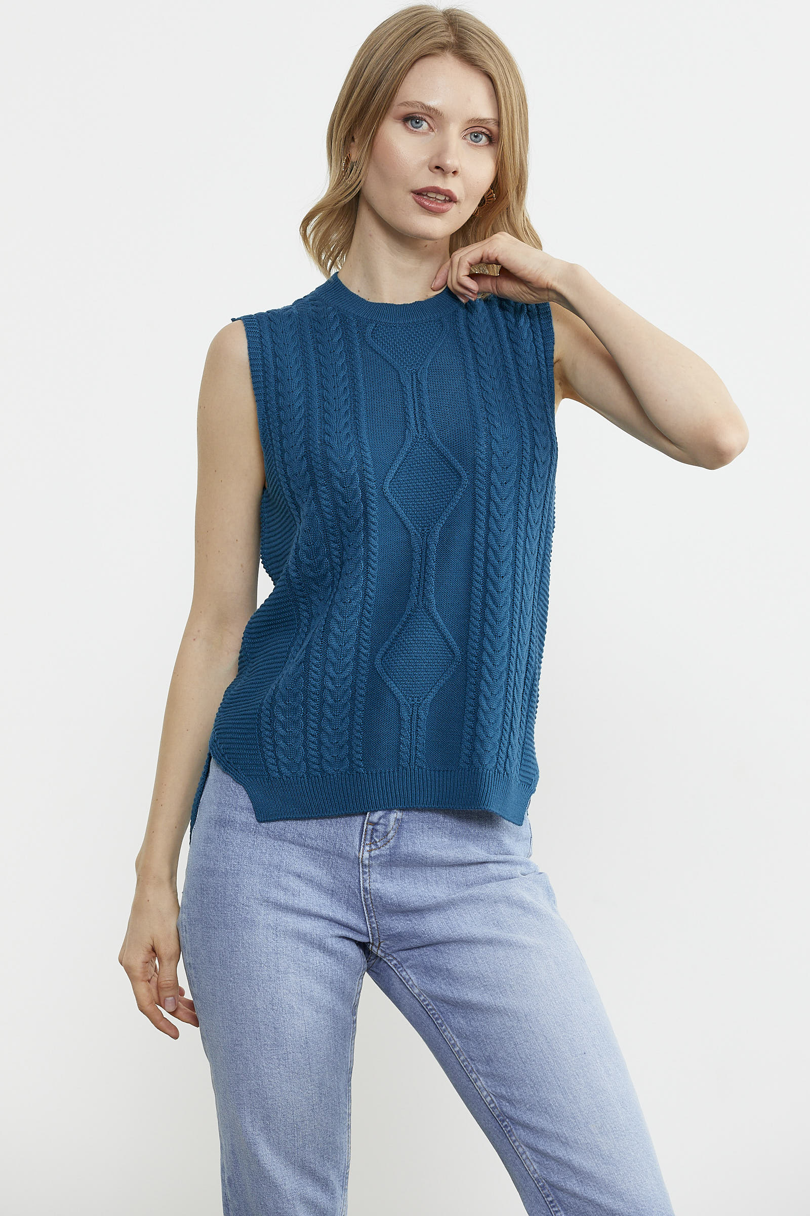 Arkası Uzun Motifli Triko Süveter - Koyu Turkuaz (2) Sementa