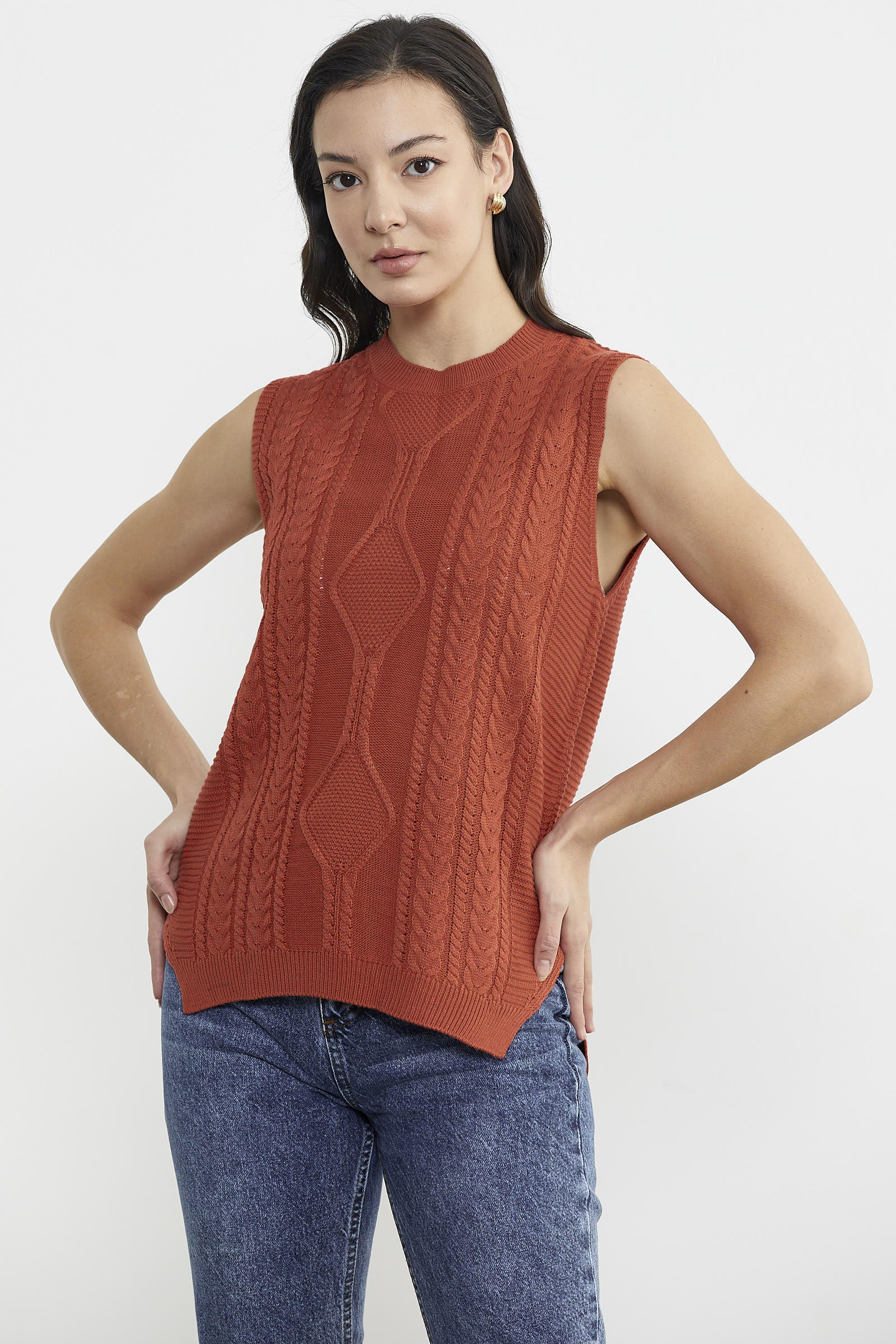 Arkası Uzun Motifli Triko Süveter - Nar (2) Sementa