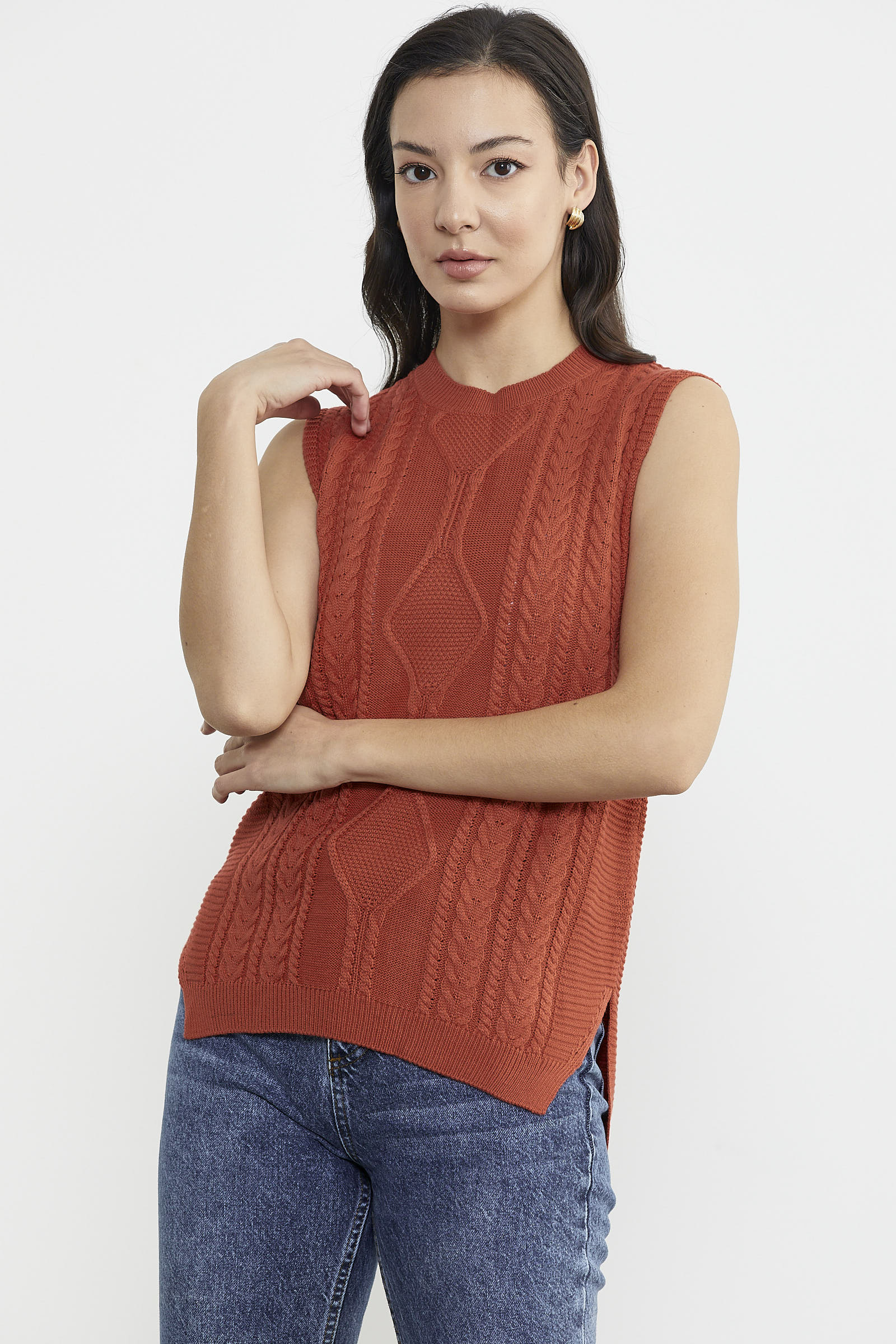 Arkası Uzun Motifli Triko Süveter - Nar (3) Sementa