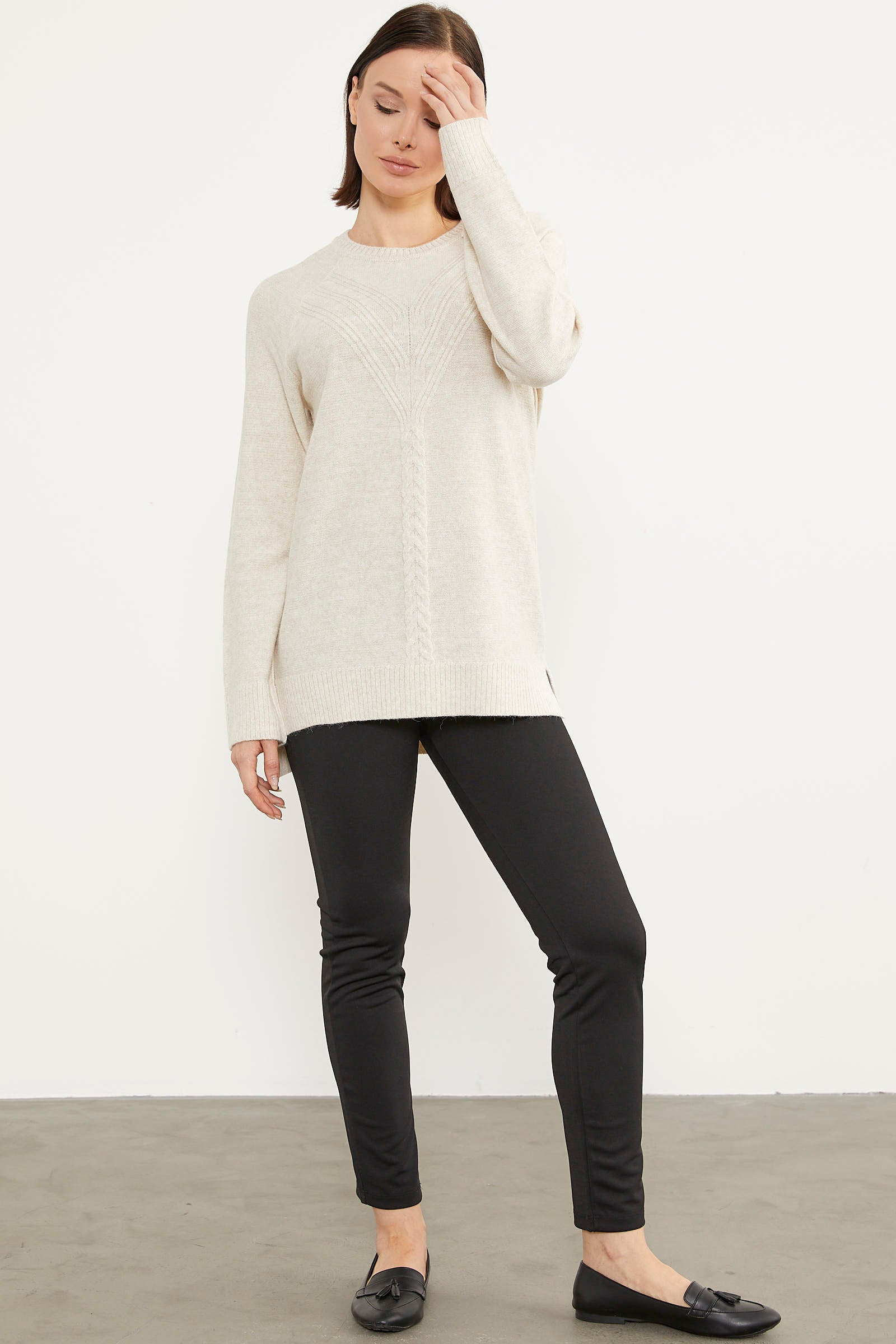 Arkası Uzun Önü Örgü Detaylı Triko Kazak - Açık Bej (3) Sementa